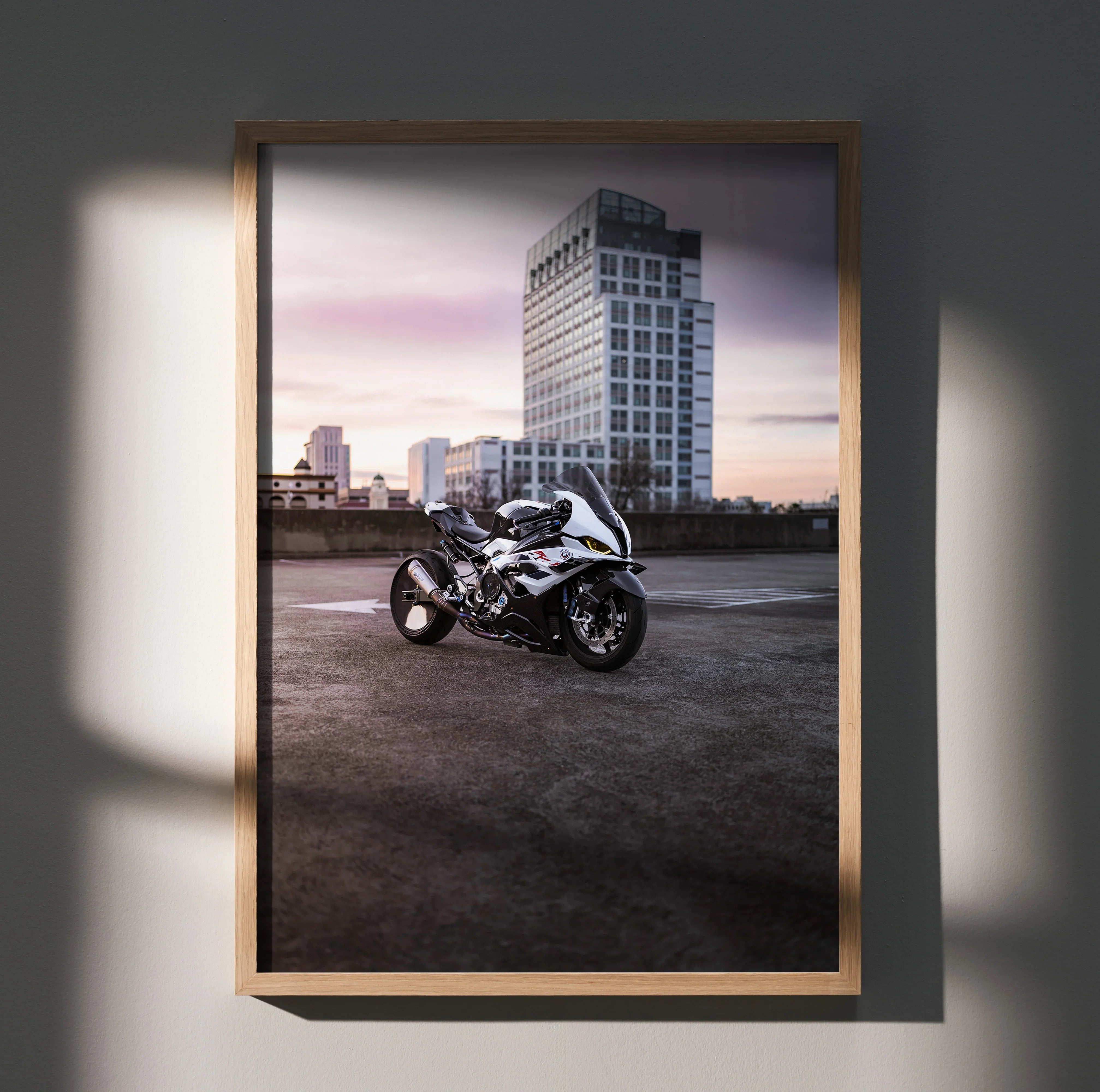 BMW S1000RR Drag Spec motorcycle poster wall art with city skyline and modern building background.