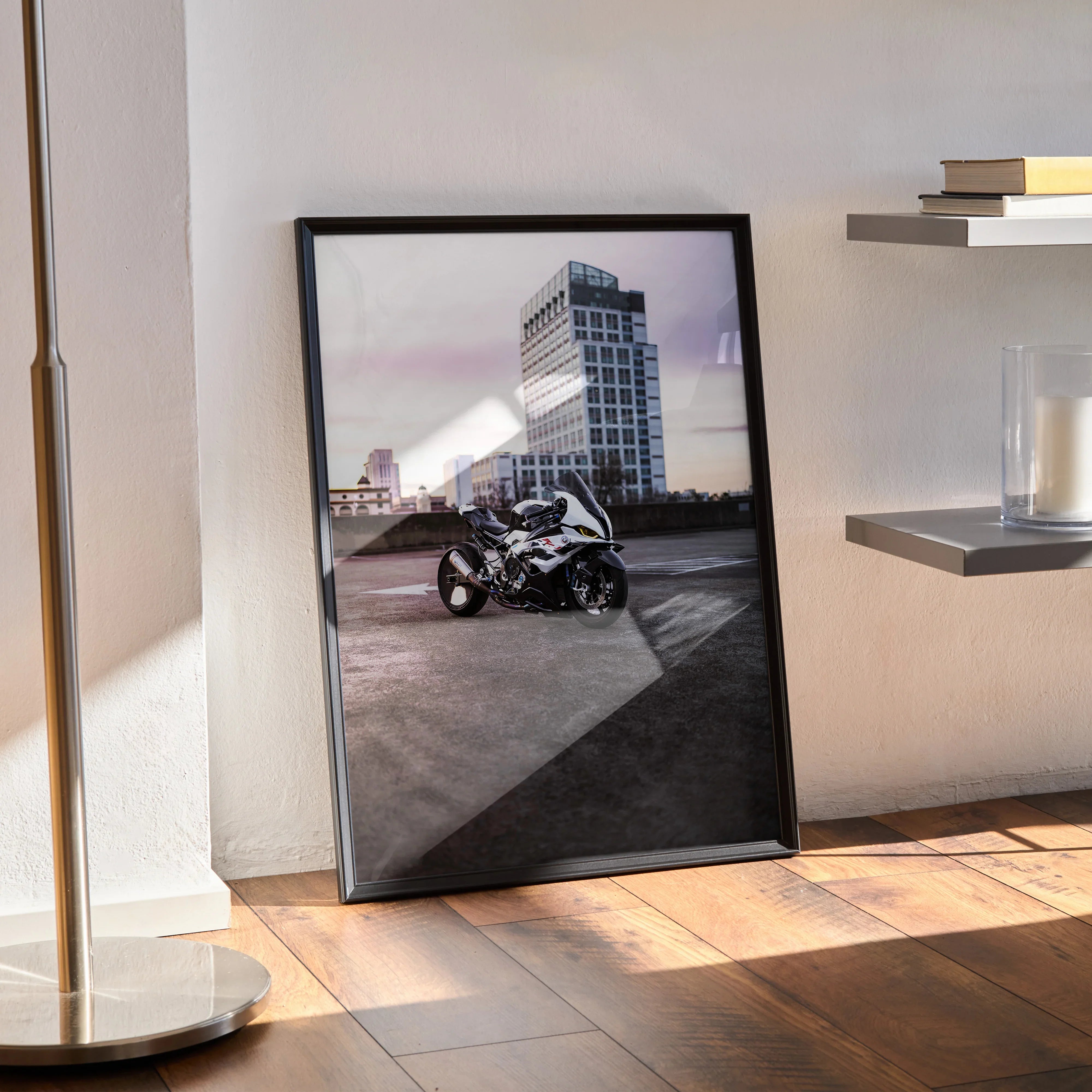 BMW S1000RR drag spec motorcycle poster with urban skyscraper backdrop wall art in black frame.
