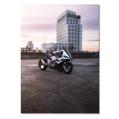 BMW S1000RR Drag Spec motorcycle poster with urban skyline backdrop wall art.