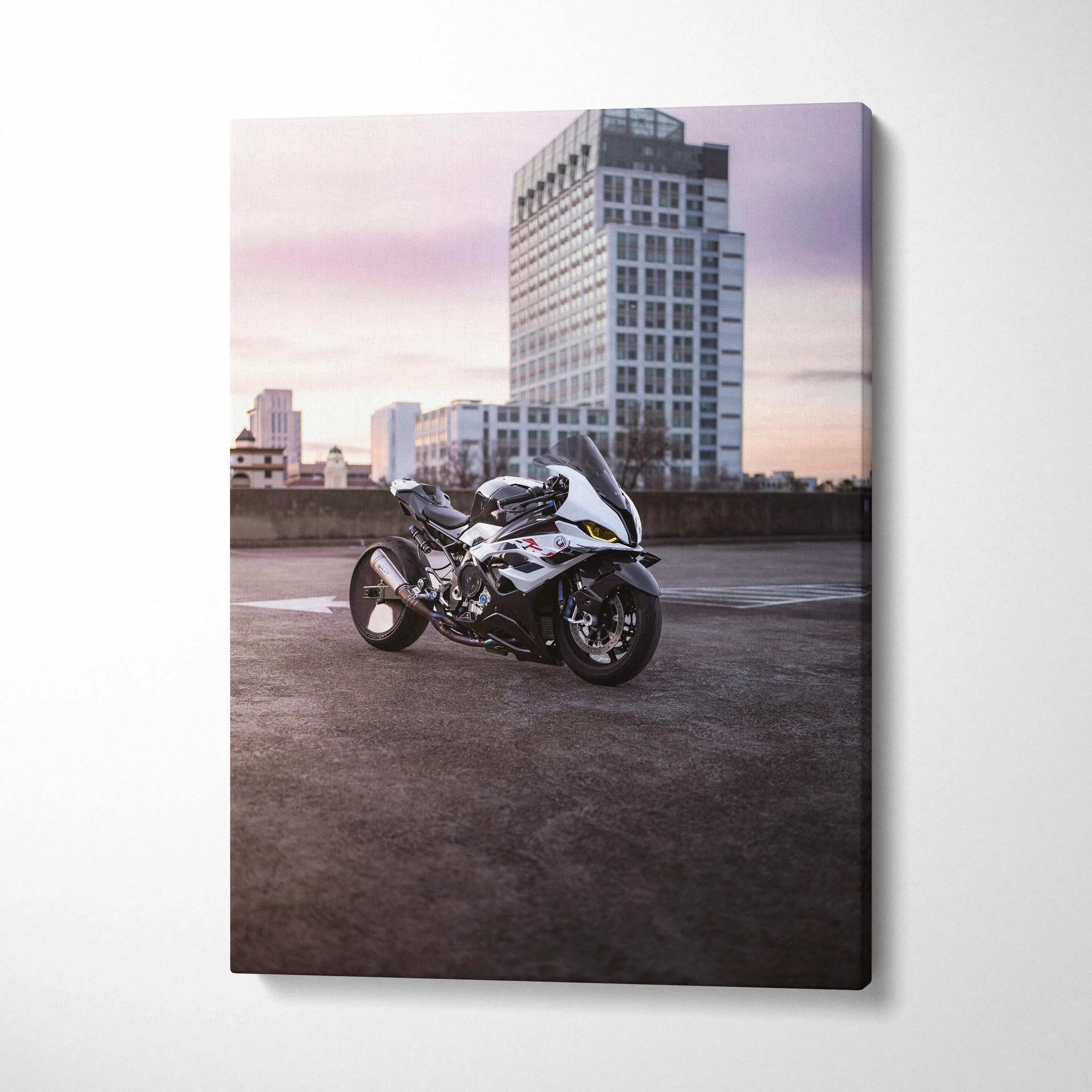 BMW S1000RR motorcycle canvas art with urban skyline background, vertical wall art print.
