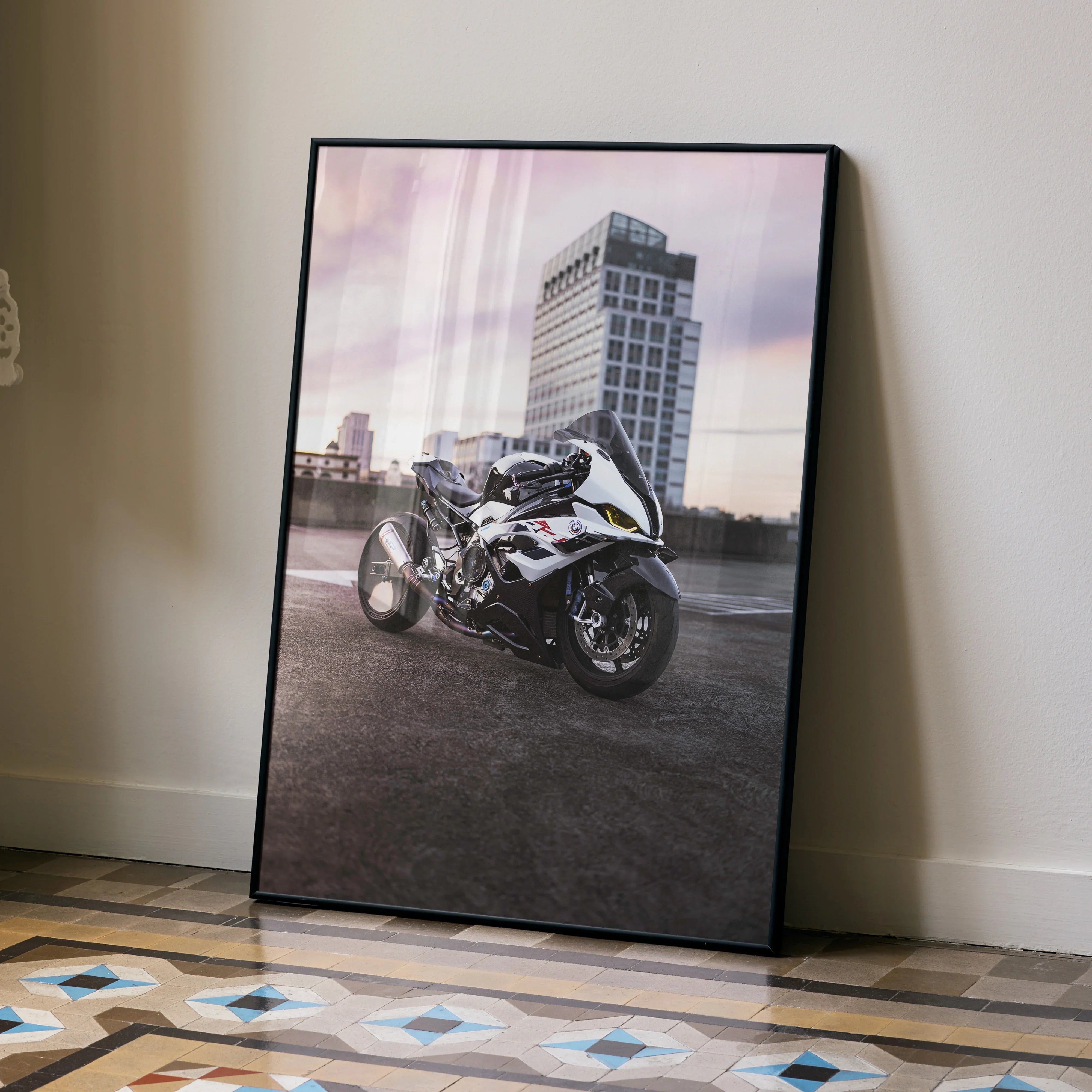 BMW S1000RR Drag Spec motorcycle poster with urban rooftop background wall art in black frame.