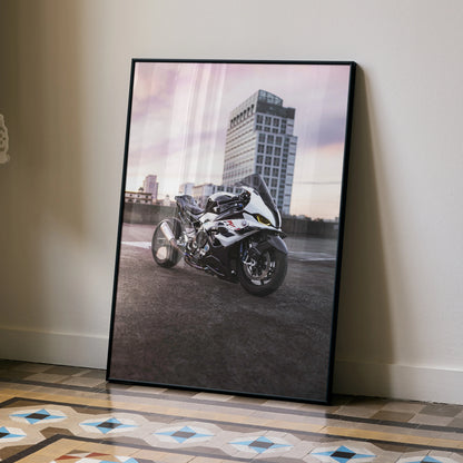 BMW S1000RR Drag Spec motorcycle poster with urban rooftop background wall art in black frame.