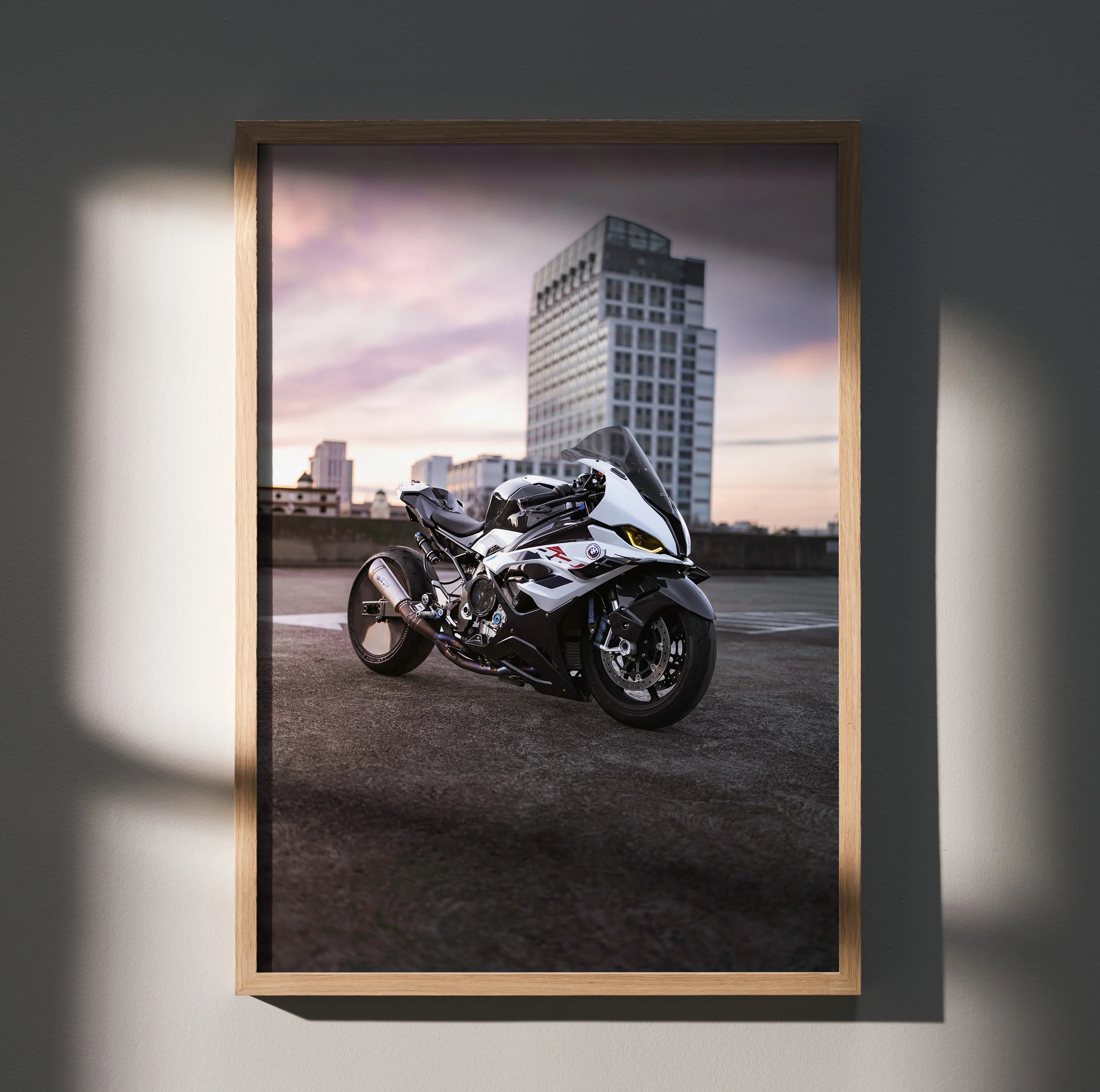 BMW S1000RR Drag Spec motorcycle poster with urban skyline, modern wall art in wooden frame.