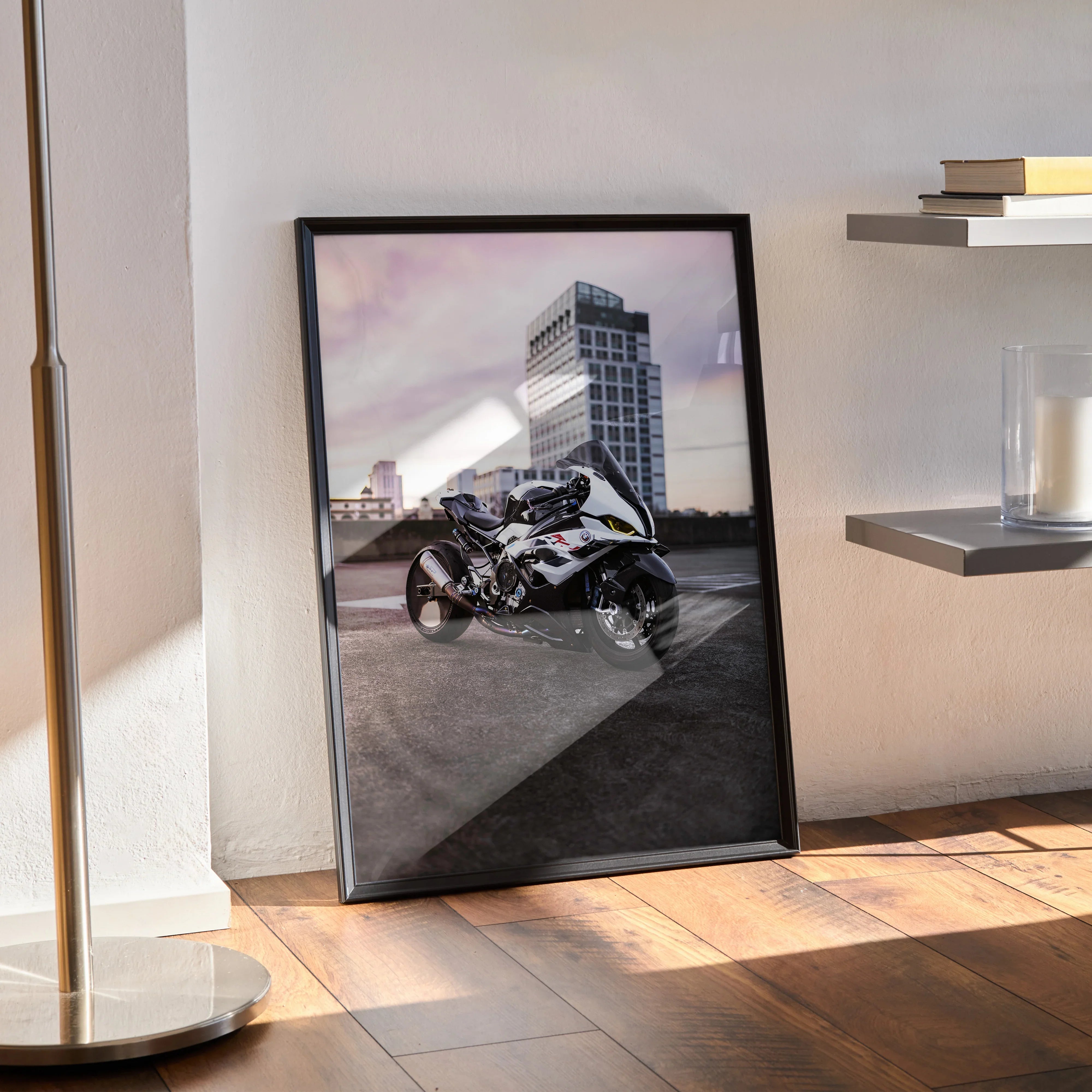 BMW S1000RR Drag Spec motorcycle poster in black frame leaning against wall, modern urban setting wall art.