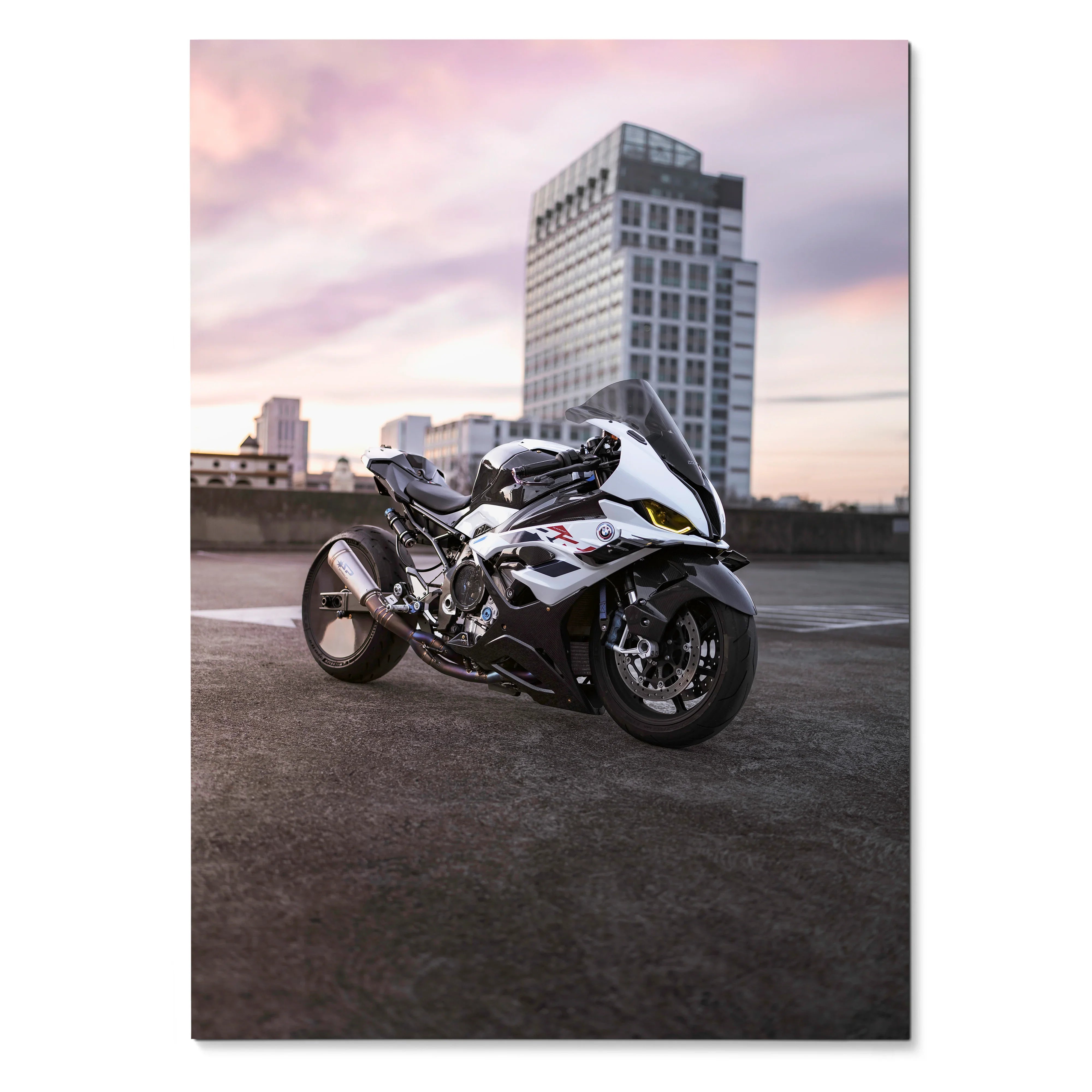 BMW S1000RR Drag Spec motorcycle parked on rooftop with city skyline poster wall art.