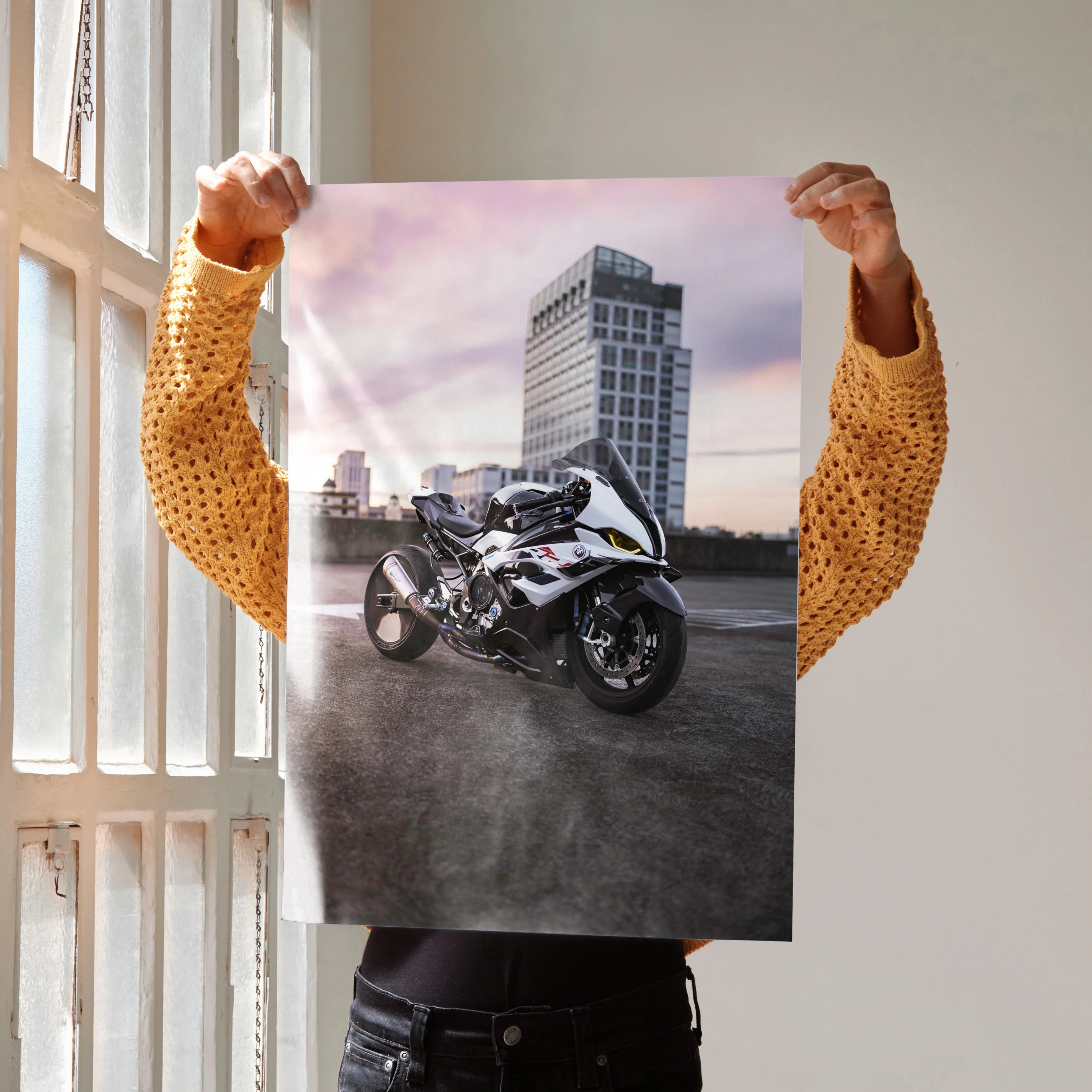 BMW S1000RR drag spec motorcycle poster with urban cityscape background wall art.