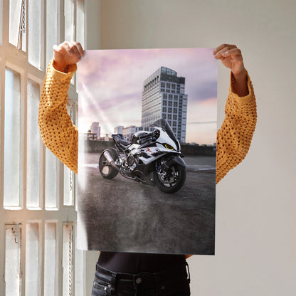 BMW S1000RR drag spec motorcycle poster with urban cityscape background wall art.