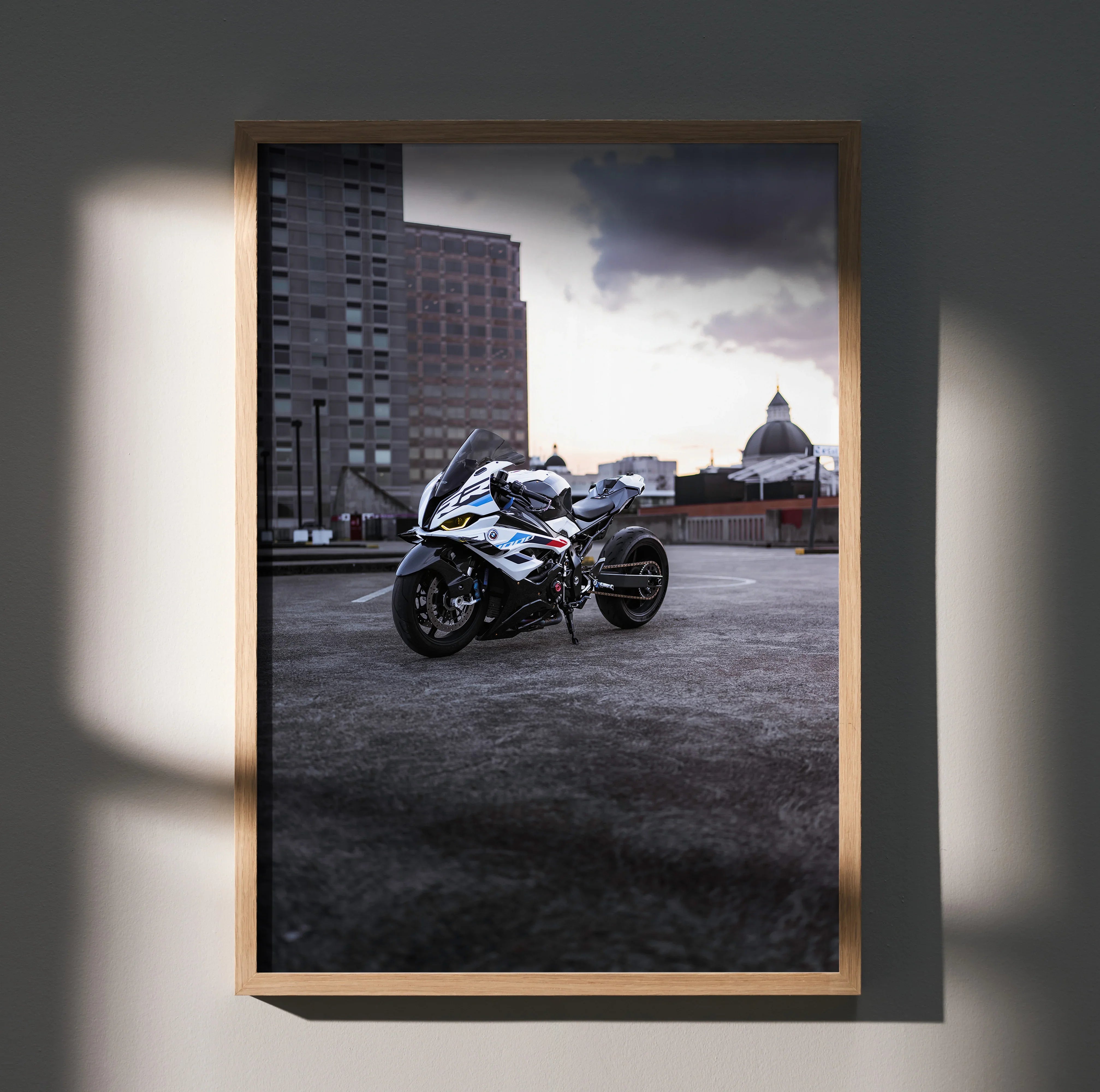 BMW S1000RR 007 Drag Spec motorcycle poster with urban skyline and sunset, wall art print.