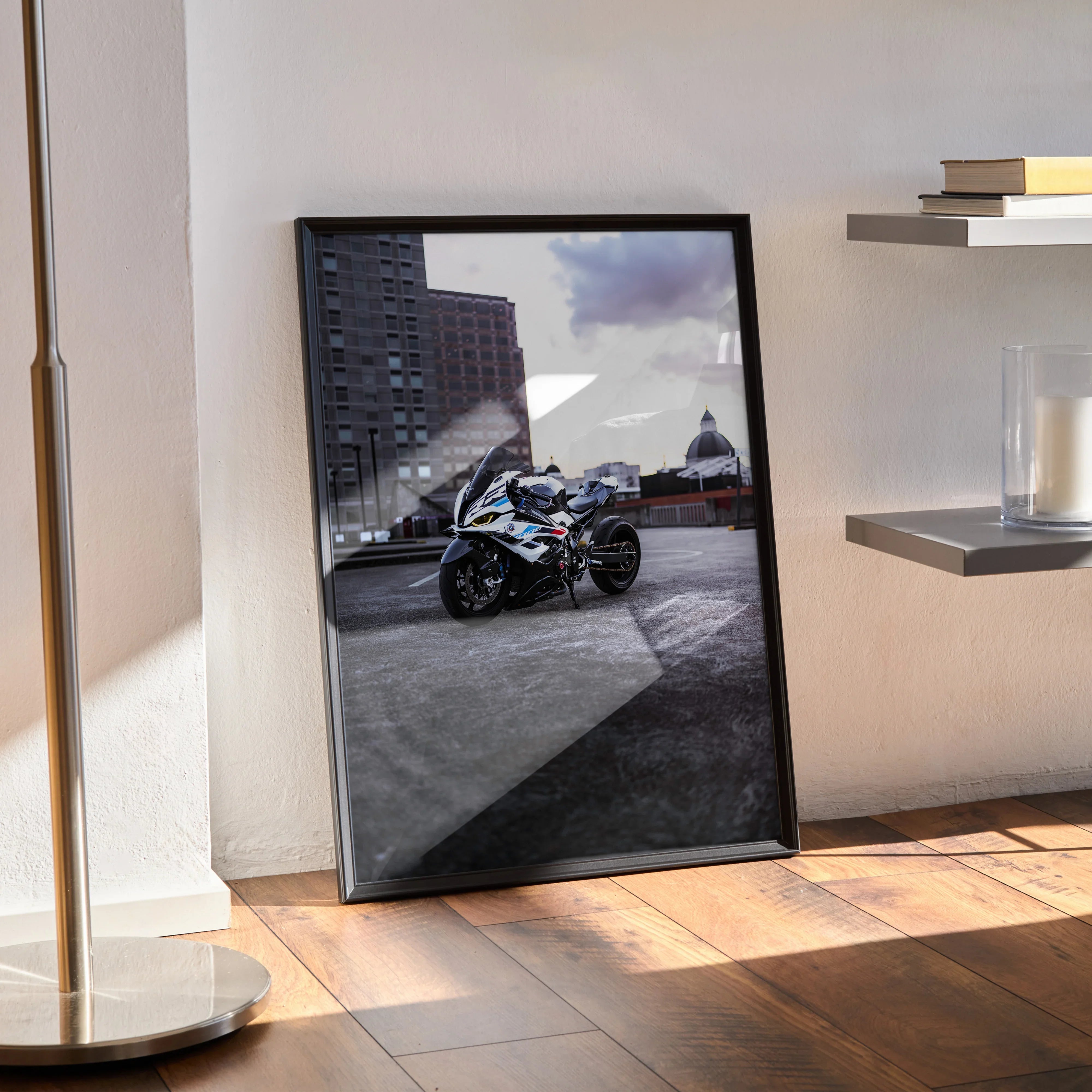 BMW S1000RR 007 Drag Spec motorcycle poster with sunset cityscape in modern black frame wall art.
