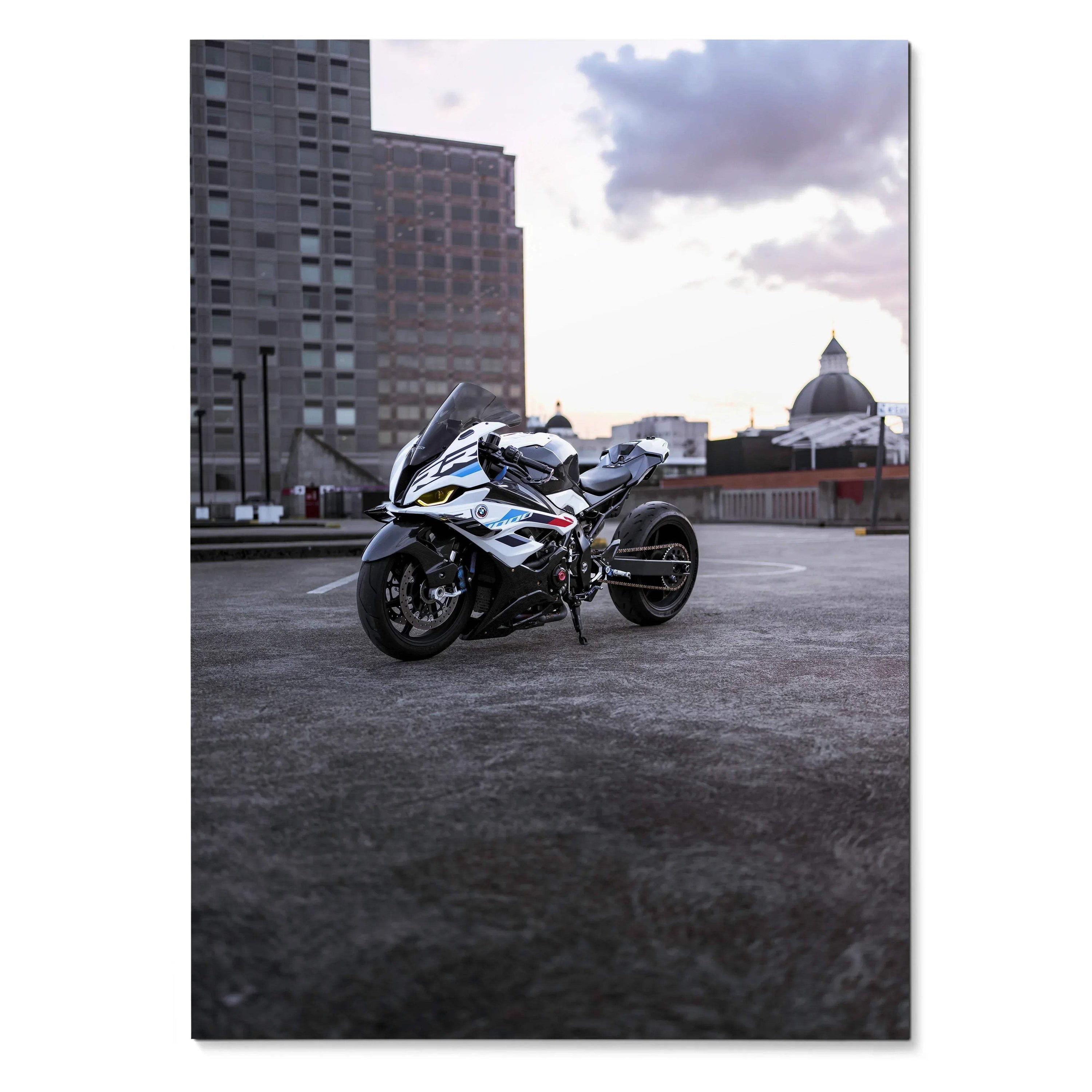 BMW S1000RR Drag Spec motorcycle parked on rooftop at sunset poster wall art.