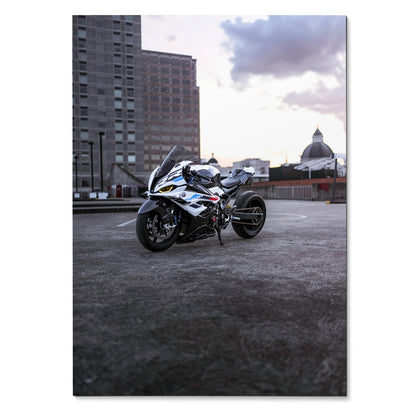 BMW S1000RR Drag Spec motorcycle parked on rooftop at sunset poster wall art.