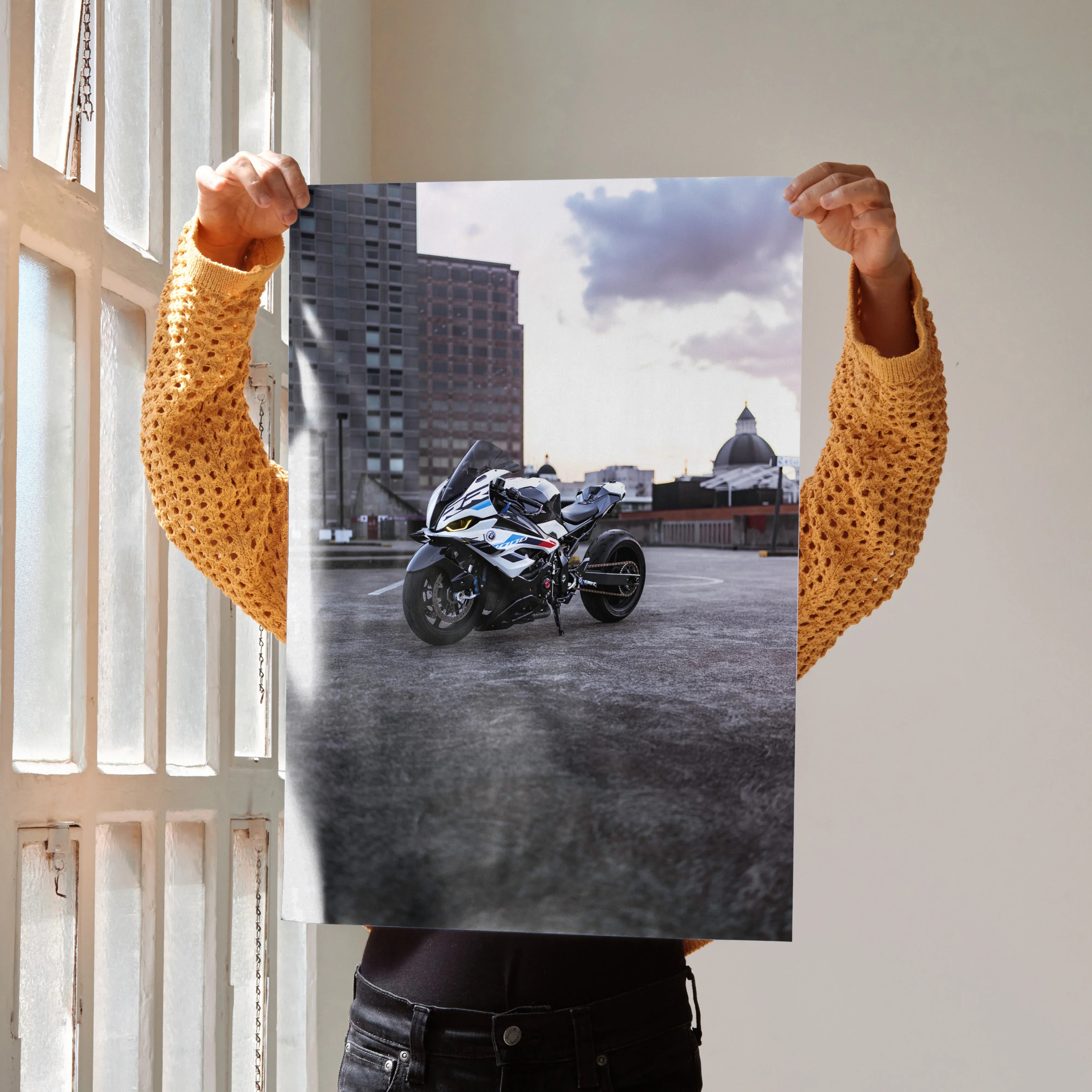 BMW S1000RR 007 Drag Spec motorcycle poster against urban sunset, modern wall art print.