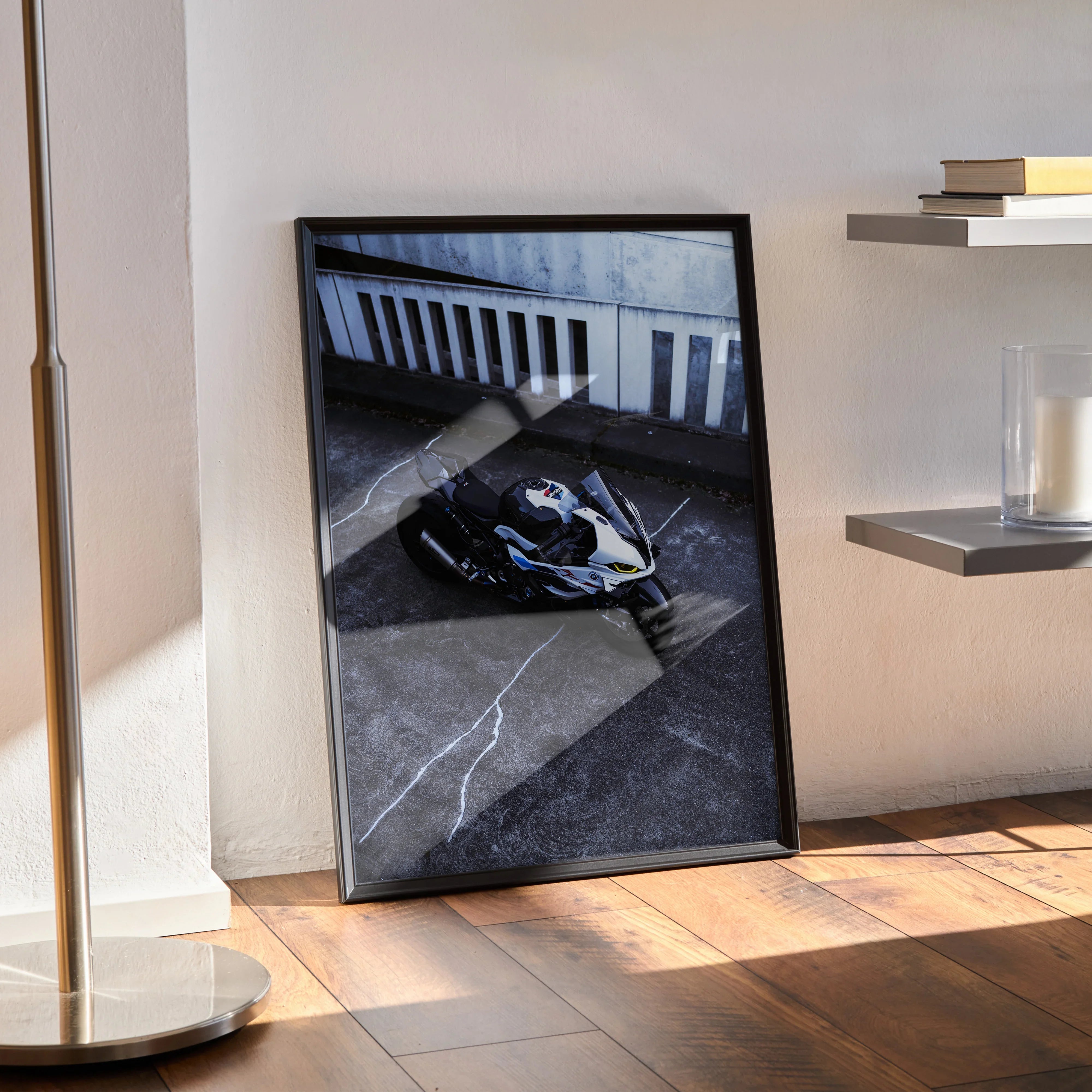 BMW S1000RR 011 Drag Spec motorcycle poster wall art with black frame leaning on floor.