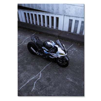 BMW S1000RR 011 Drag Spec motorcycle poster with sleek black and white sportbike wall art.