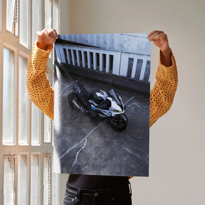 BMW S1000RR drag spec motorcycle poster with dynamic angled view, modern wall art.