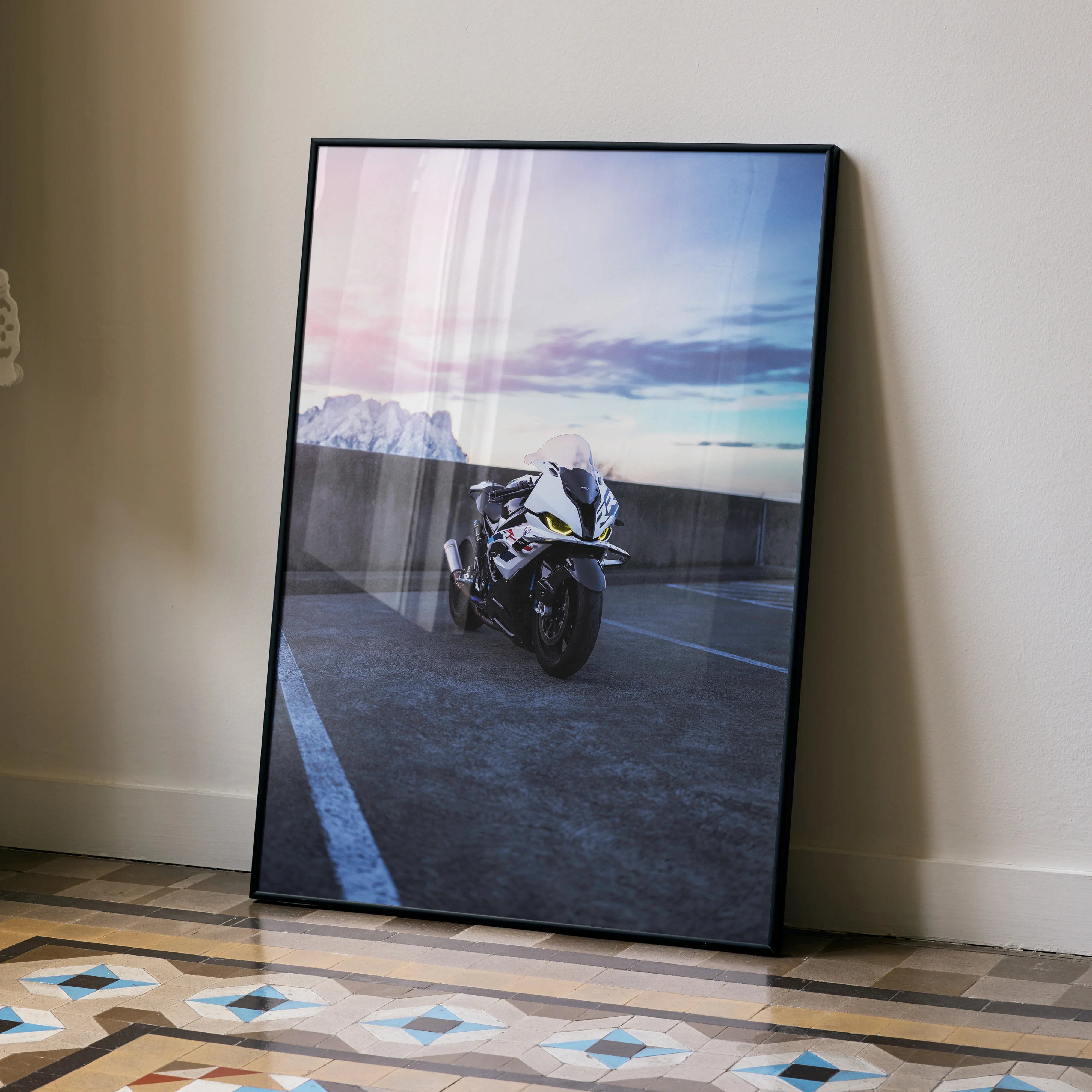 BMW S1000RR Drag Spec motorcycle poster with sunset sky wall art in black frame.