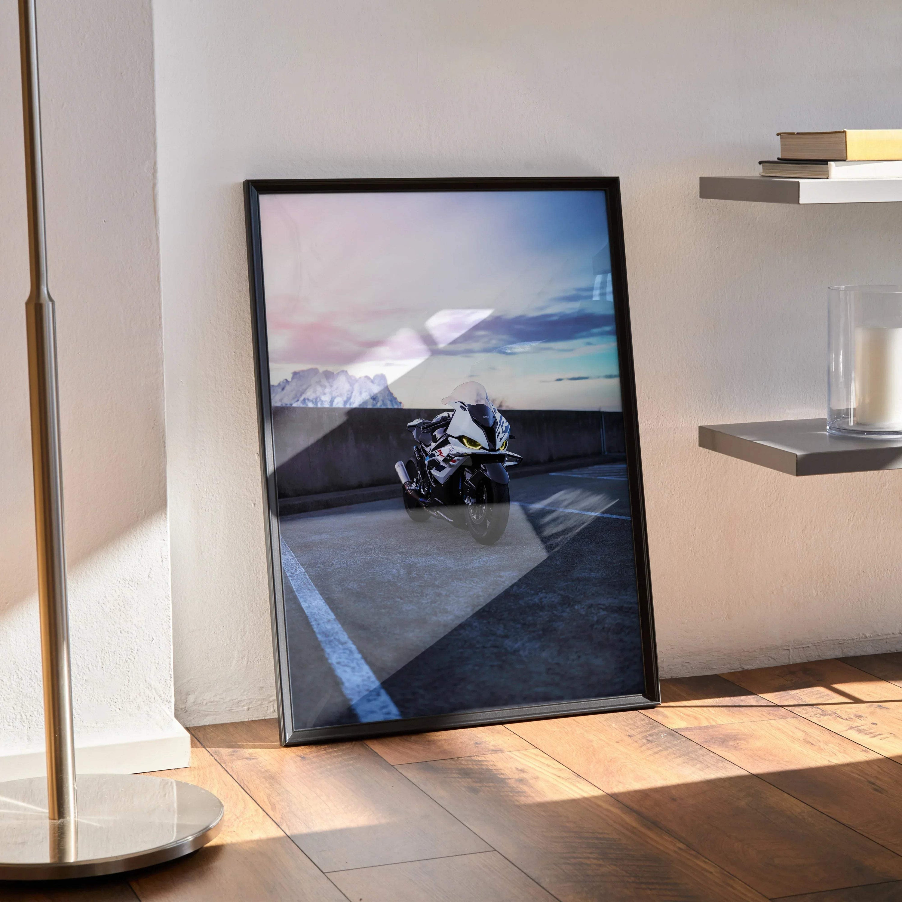 BMW S1000RR Drag Spec motorcycle poster with sunset sky, modern wall art in black frame.