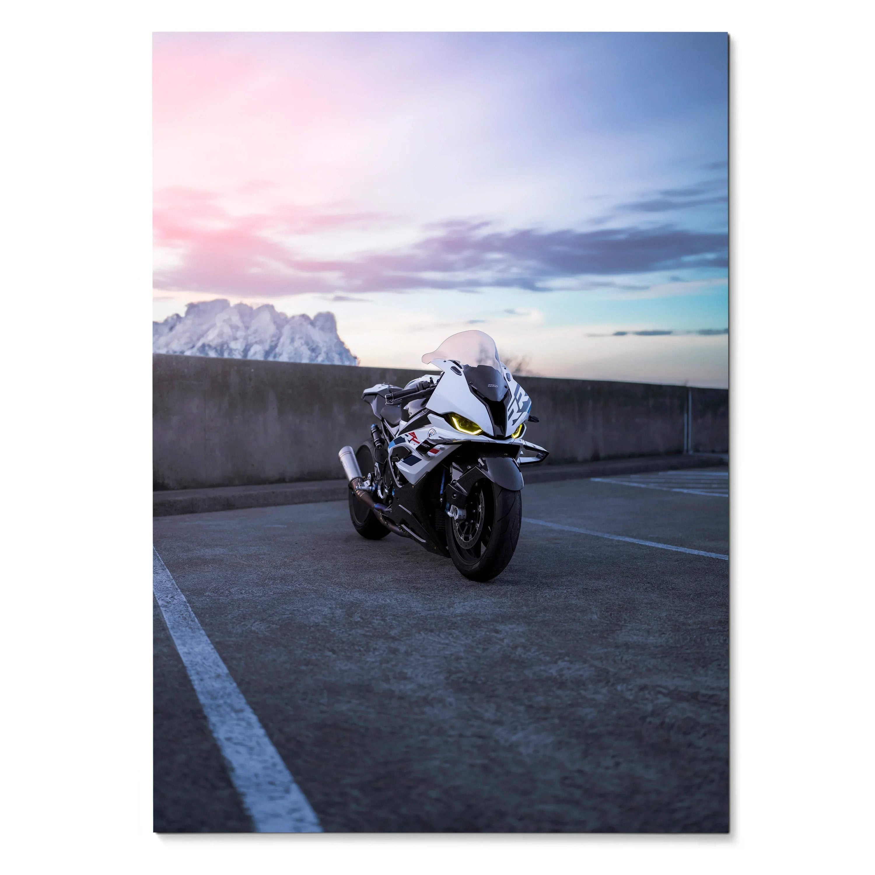 BMW S1000RR Drag Spec motorcycle at sunset on asphalt, sleek poster wall art.