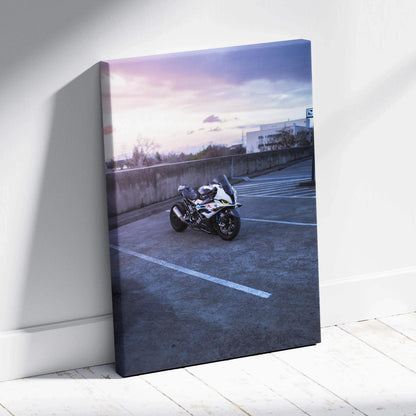 BMW S1000RR motorcycle parked on rooftop at sunset vertical canvas wall art.