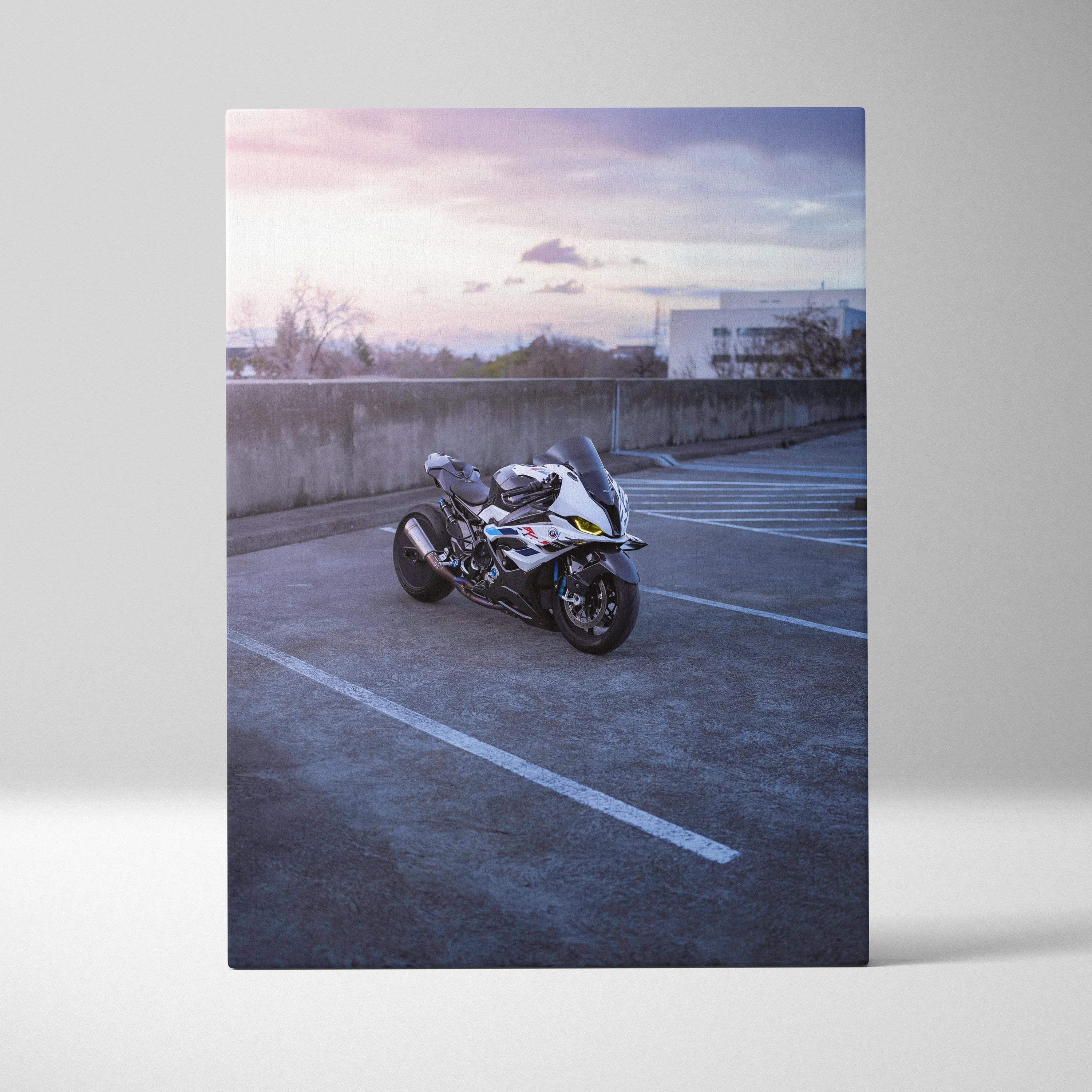 BMW S1000RR motorcycle canvas art with sunset sky background, vertical wall art print.