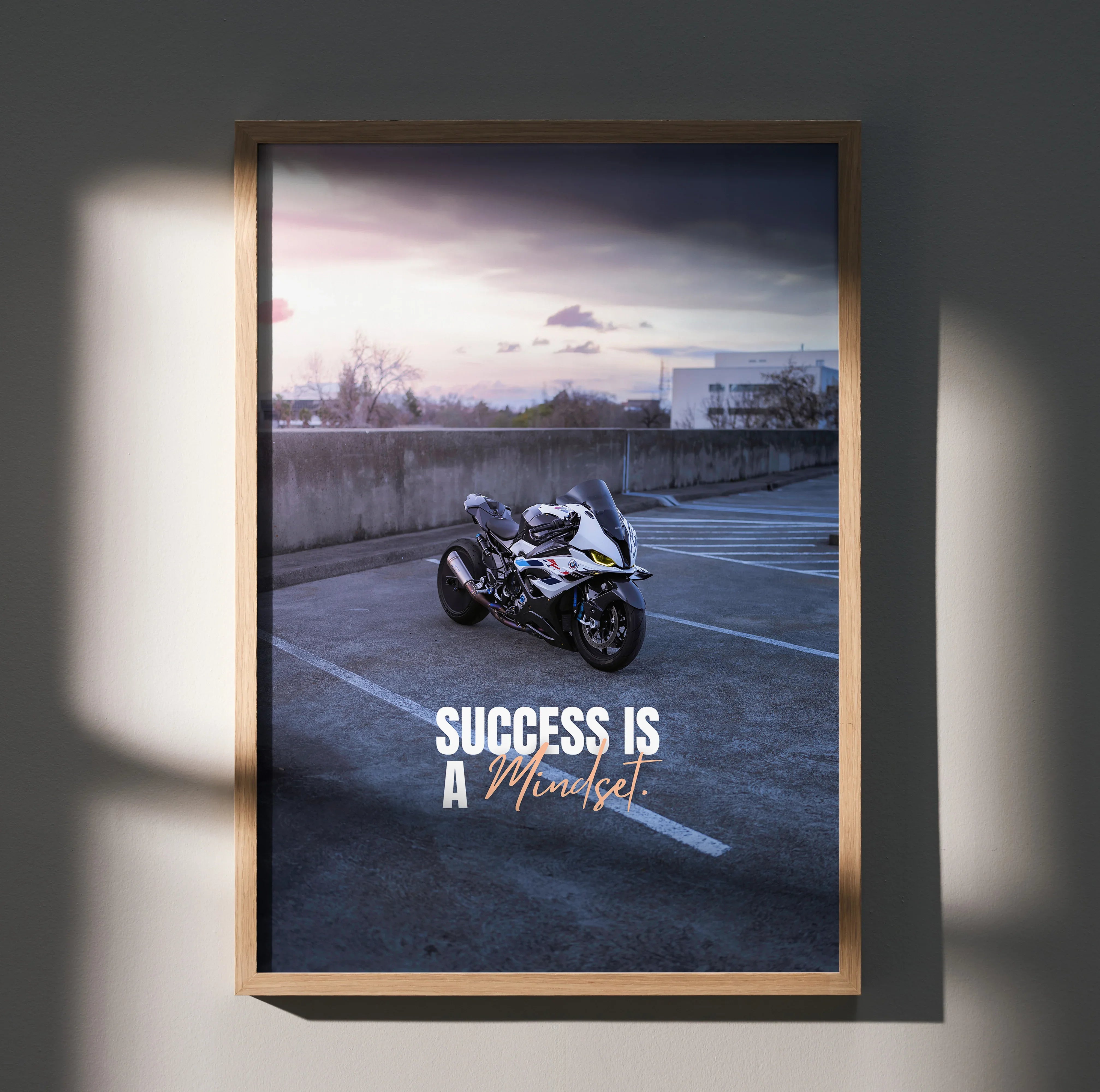 BMW S1000RR Drag Spec motorcycle poster with inspiring "Success is a mindset" text wall art.
