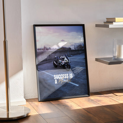 BMW S1000RR motorcycle poster with "Success is a choice" motivational text, framed wall art.