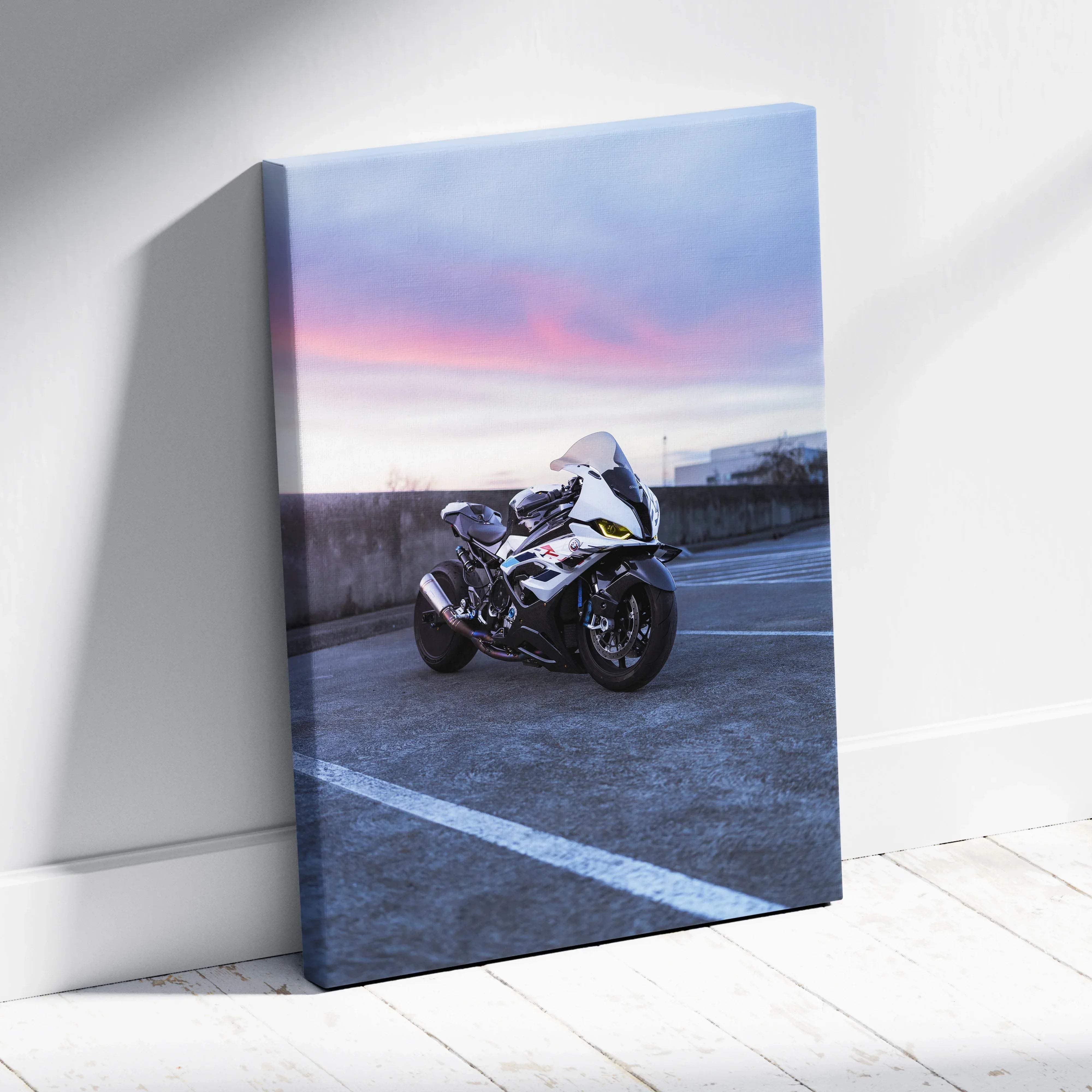 White and black suzuki sport motorcycle canvas print vertical museum quality wall art with pastel sunset sky background