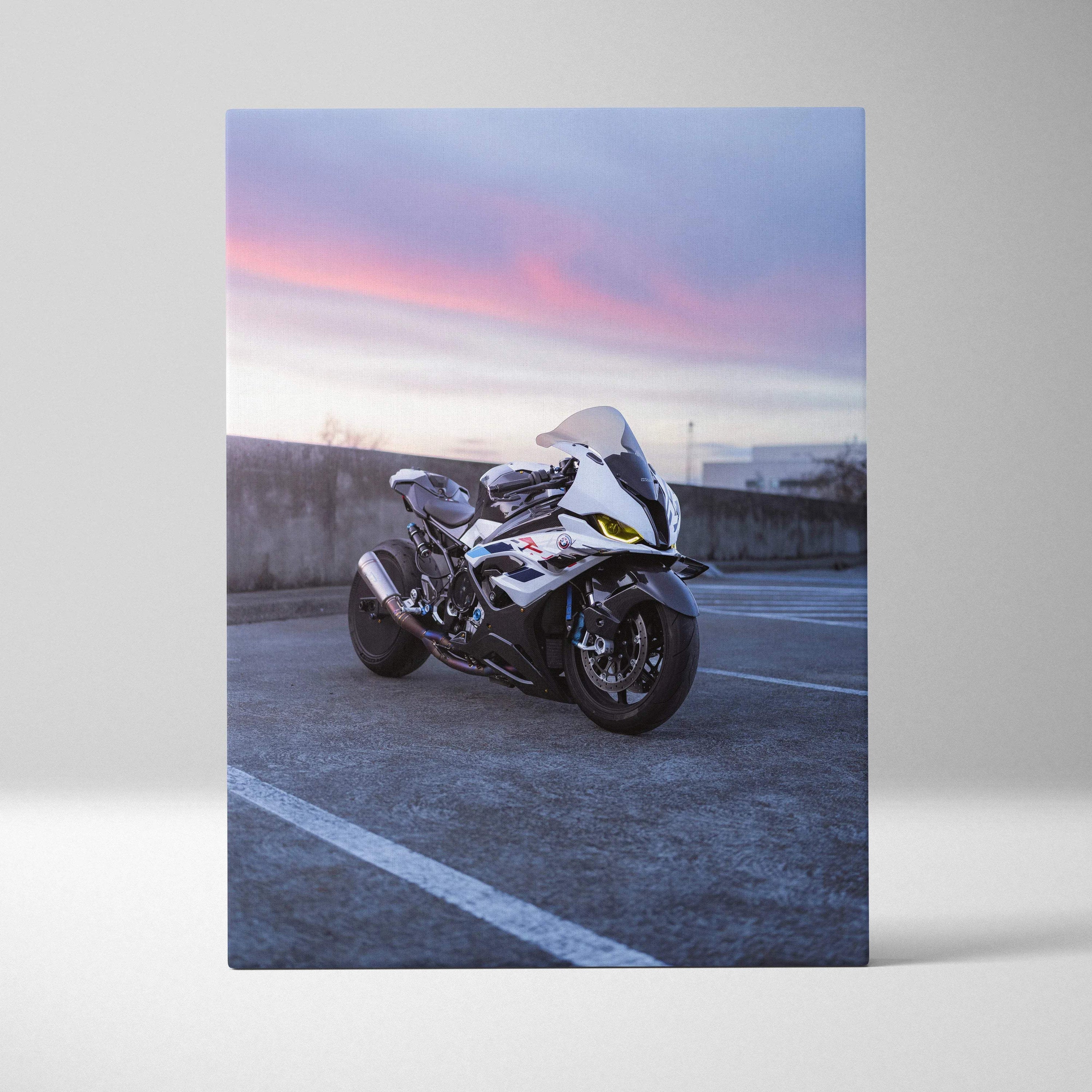 BMW S1000RR motorcycle against a sunset sky on high-resolution vertical canvas wall art.