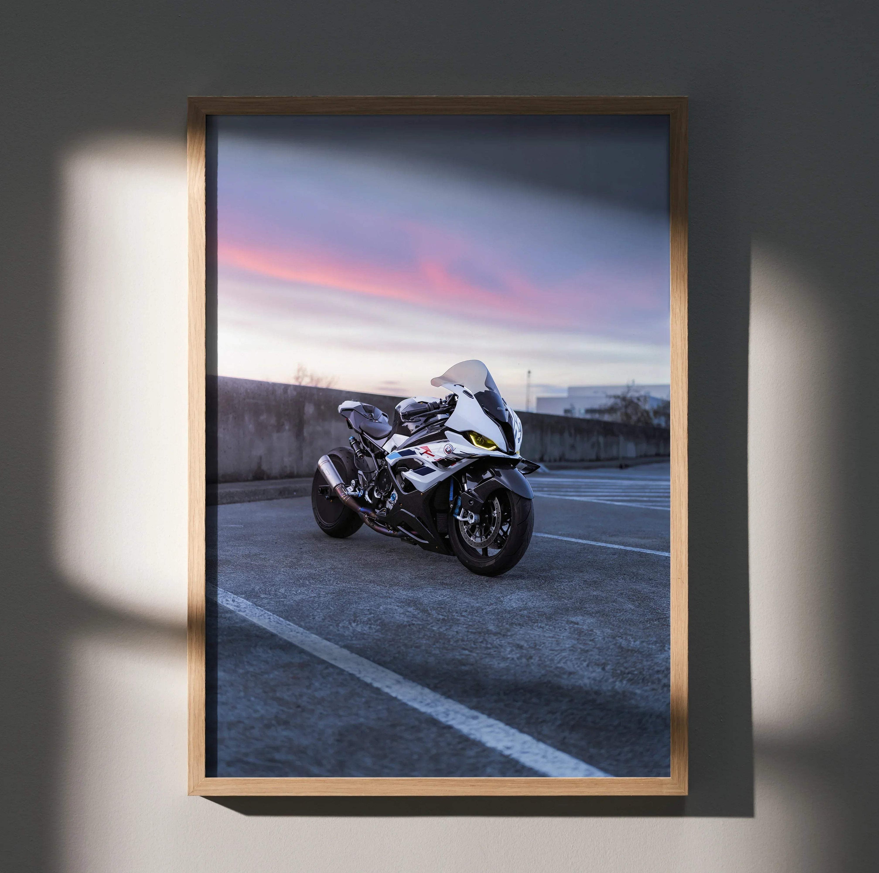 BMW S1000RR Drag Spec motorcycle poster with sleek white bike at sunset, wall art in wooden frame.