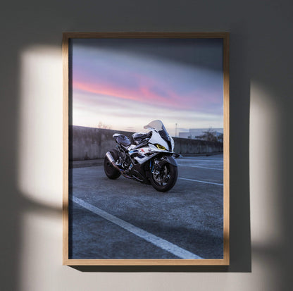 BMW S1000RR Drag Spec motorcycle poster with sleek white bike at sunset, wall art in wooden frame.