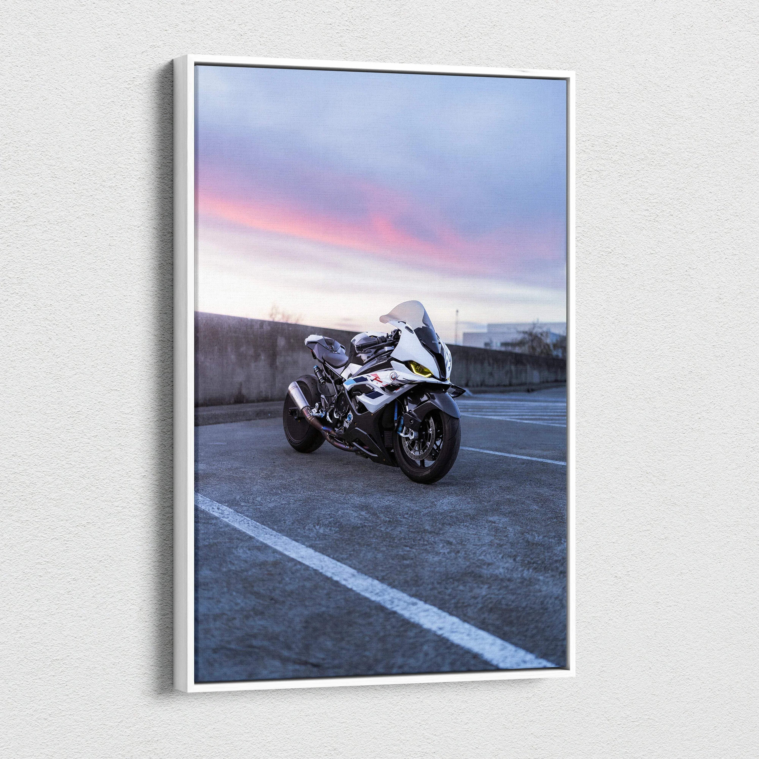 BMW S1000RR sportbike at sunset on vertical canvas wall art with high-resolution detail.