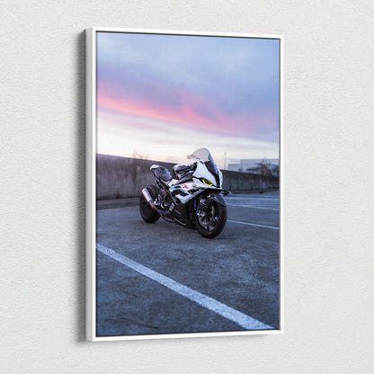 BMW S1000RR sportbike at sunset on vertical canvas wall art with high-resolution detail.