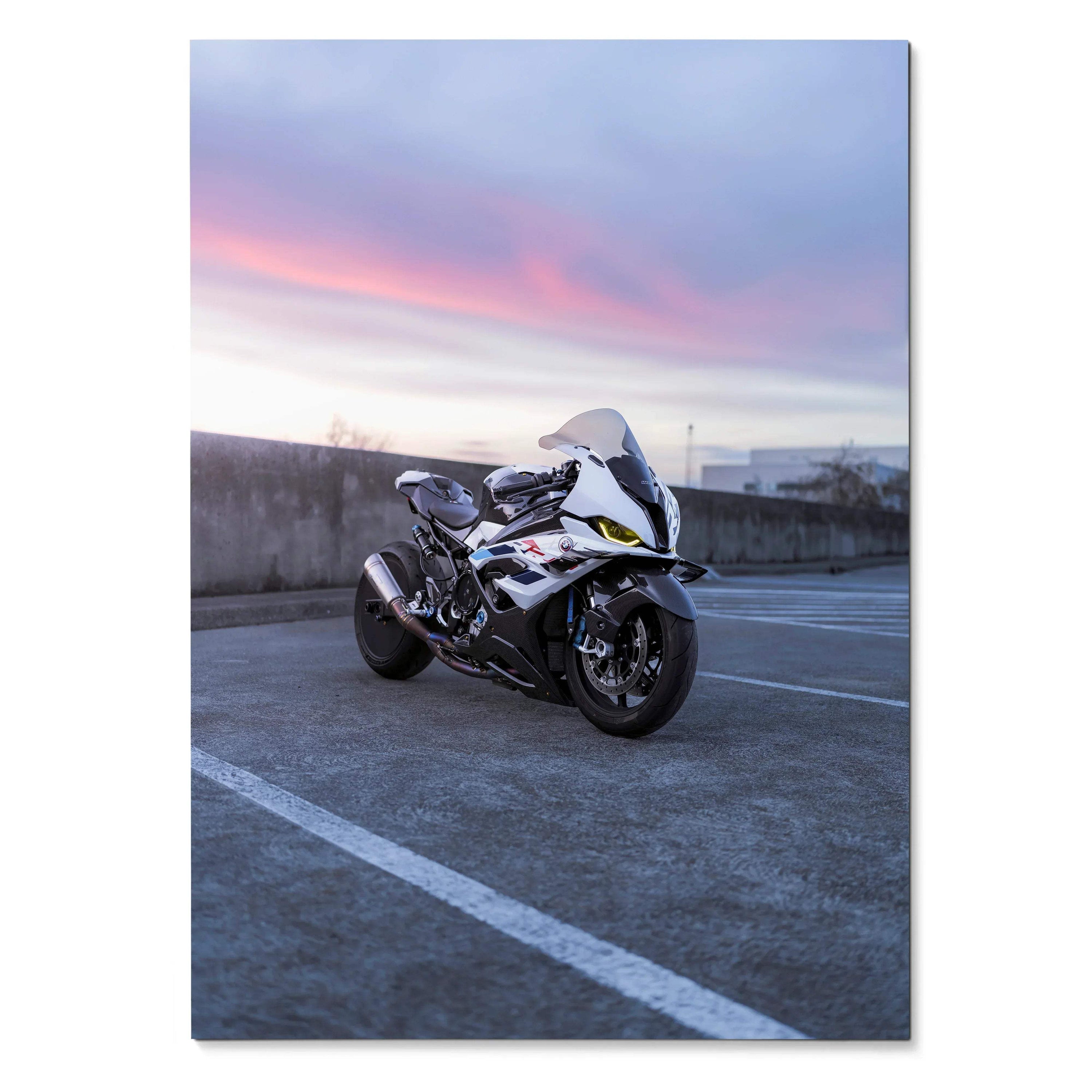 BMW S1000RR Drag Spec motorcycle parked at sunset poster wall art.