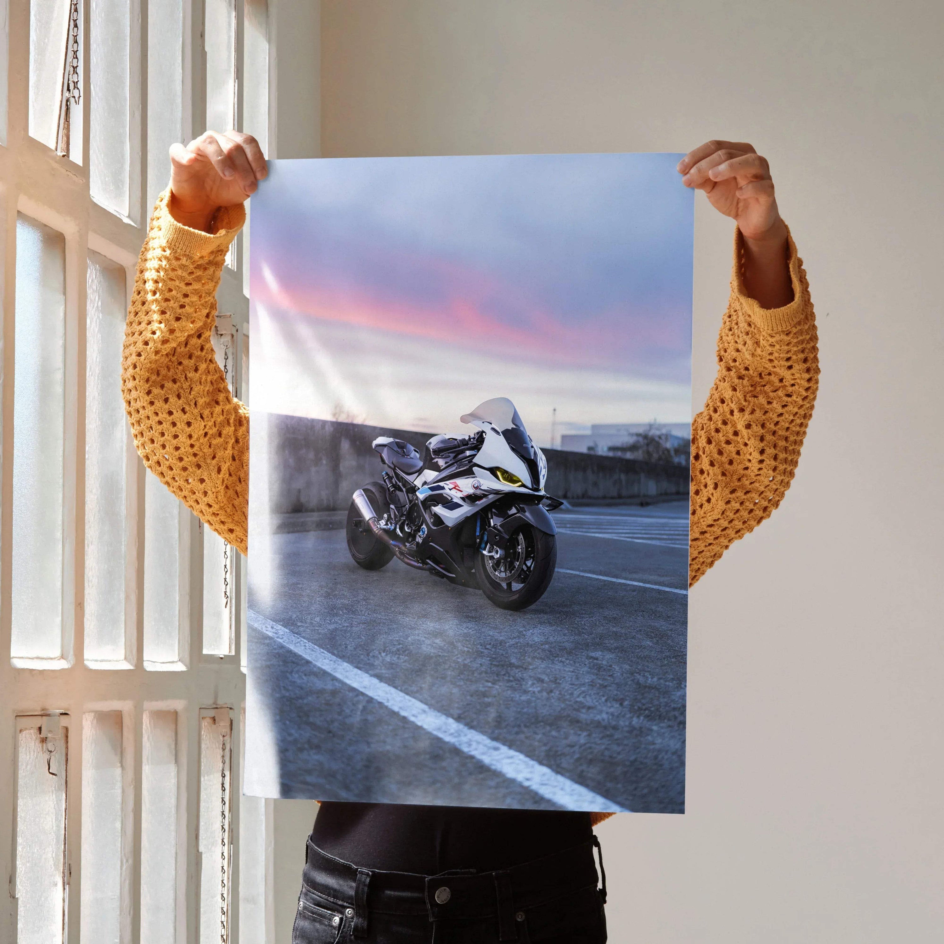 BMW S1000RR Drag Spec motorcycle poster showing sleek bike on asphalt at sunset wall art.