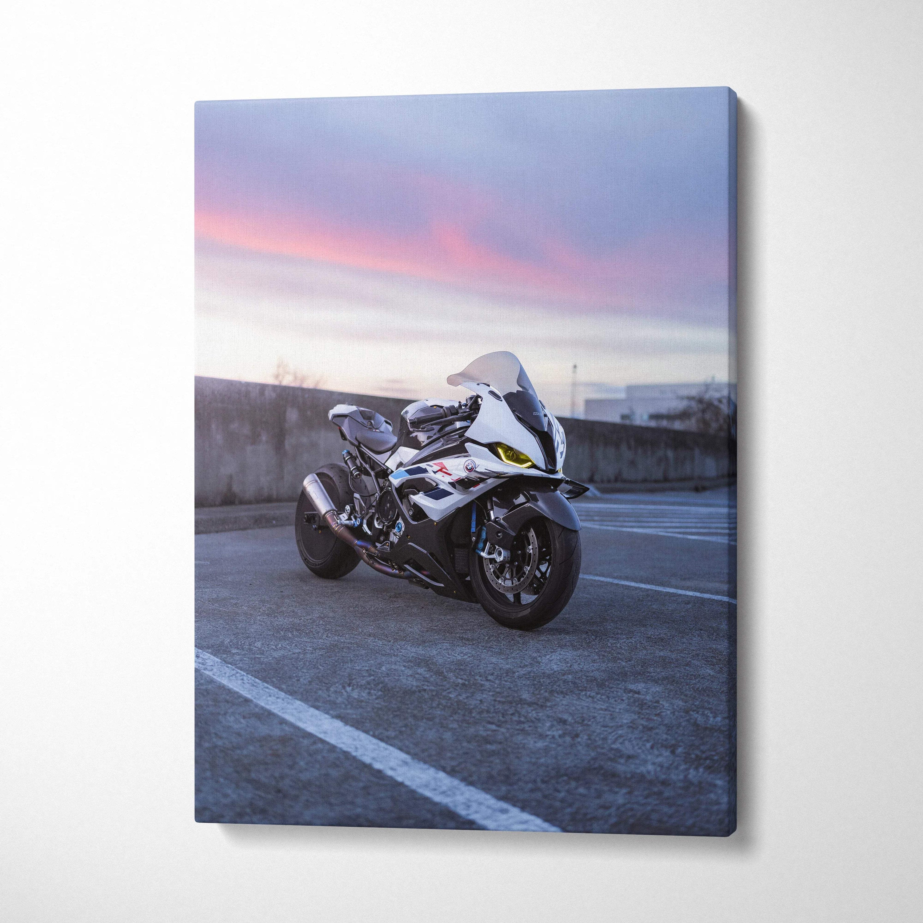 BMW S1000RR motorcycle wall art on vertical canvas with sunset sky background.