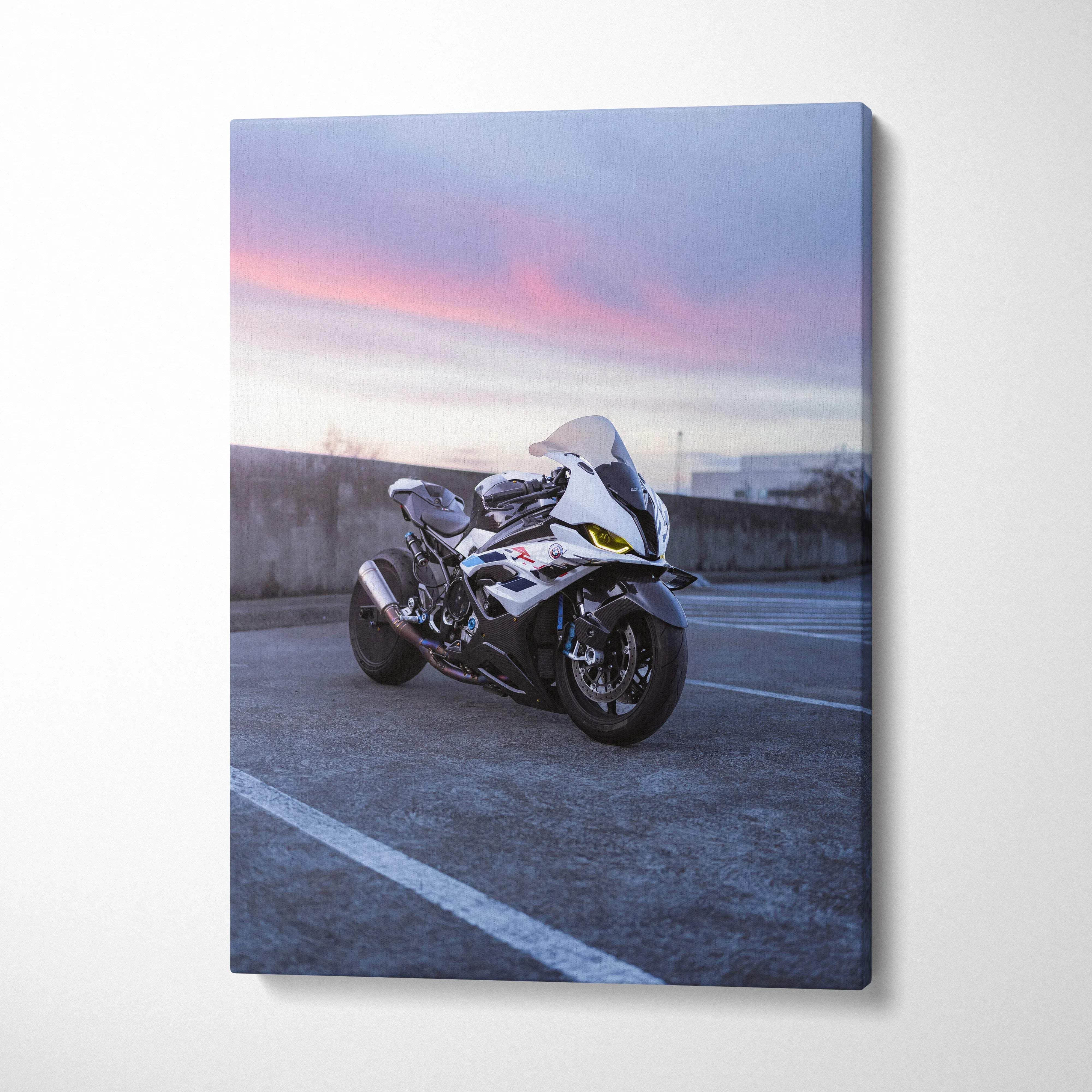 BMW S1000RR motorcycle wall art on vertical canvas with sunset sky background.