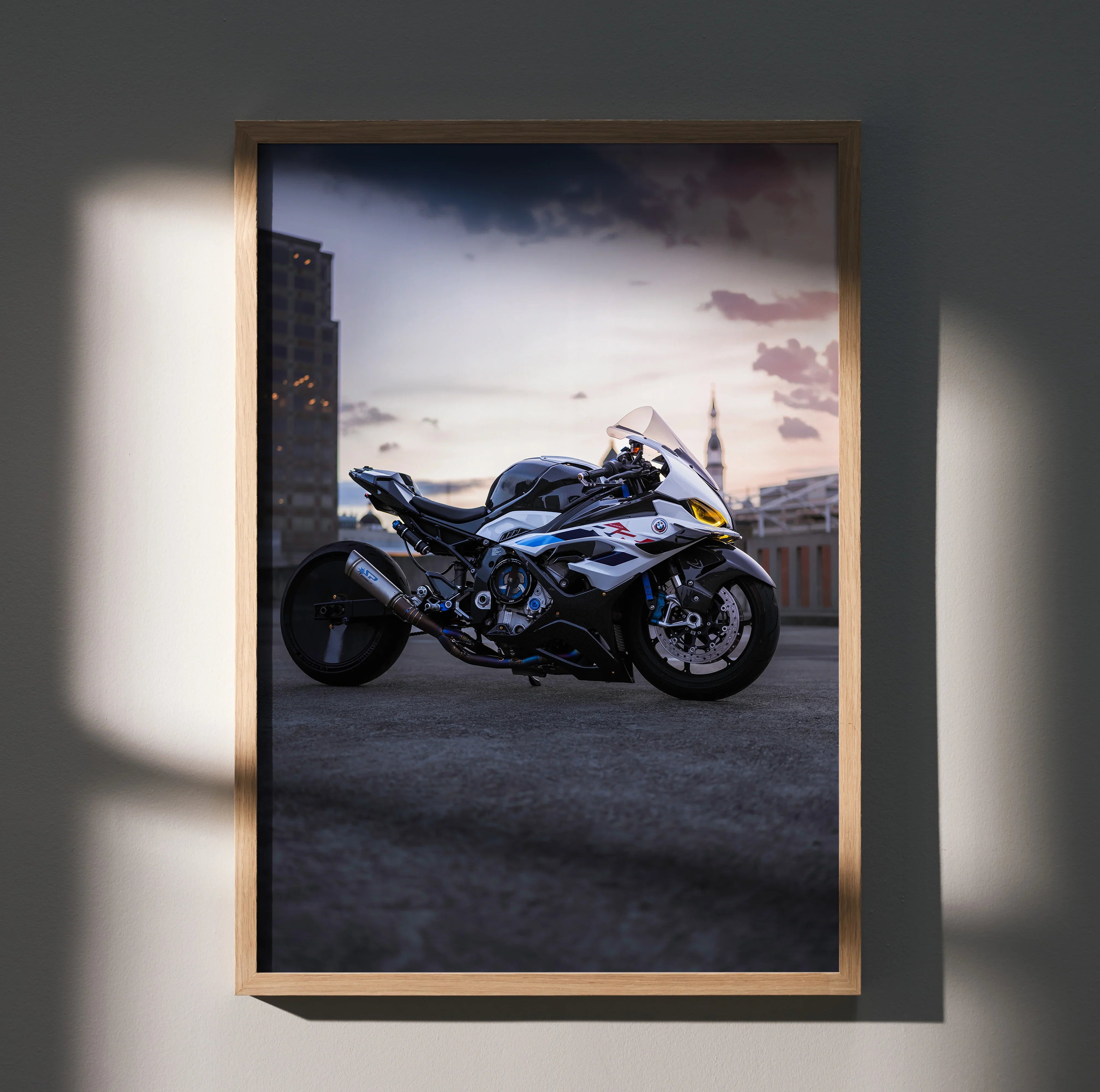 S1000RR Drag Spec motorcycle poster with city skyline and sunset background wall art.