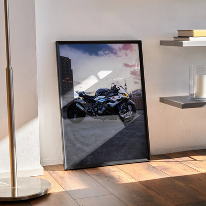 BMW S1000RR Drag Spec motorcycle poster with sunset background, framed wall art.