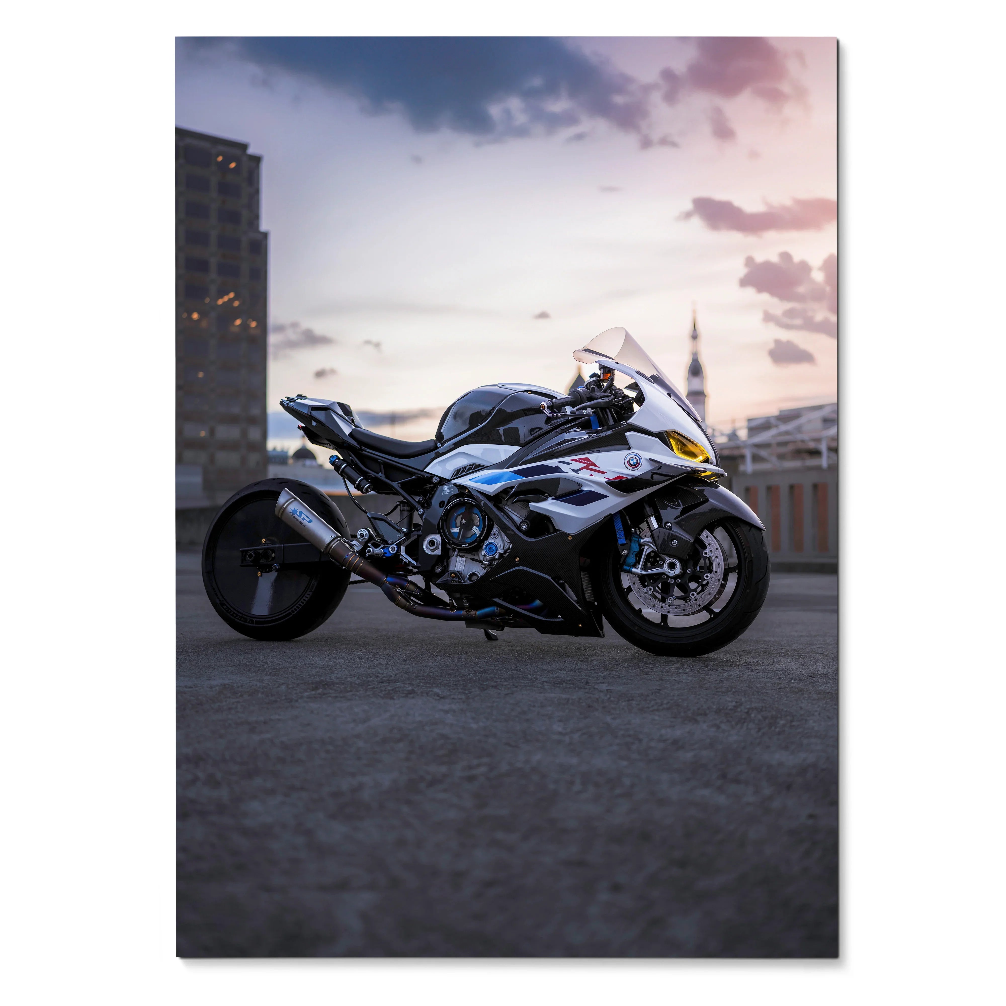 BMW S1000RR Drag Spec motorcycle against urban sunset sky poster wall art.