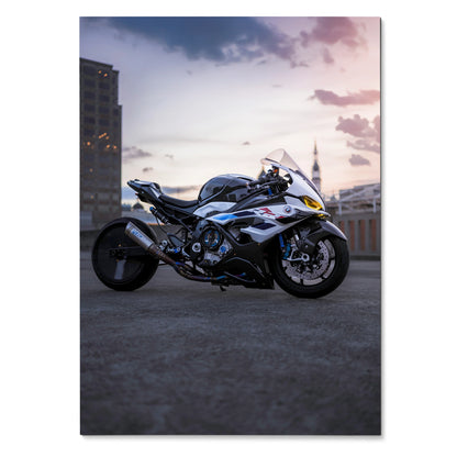 BMW S1000RR Drag Spec motorcycle against urban sunset sky poster wall art.