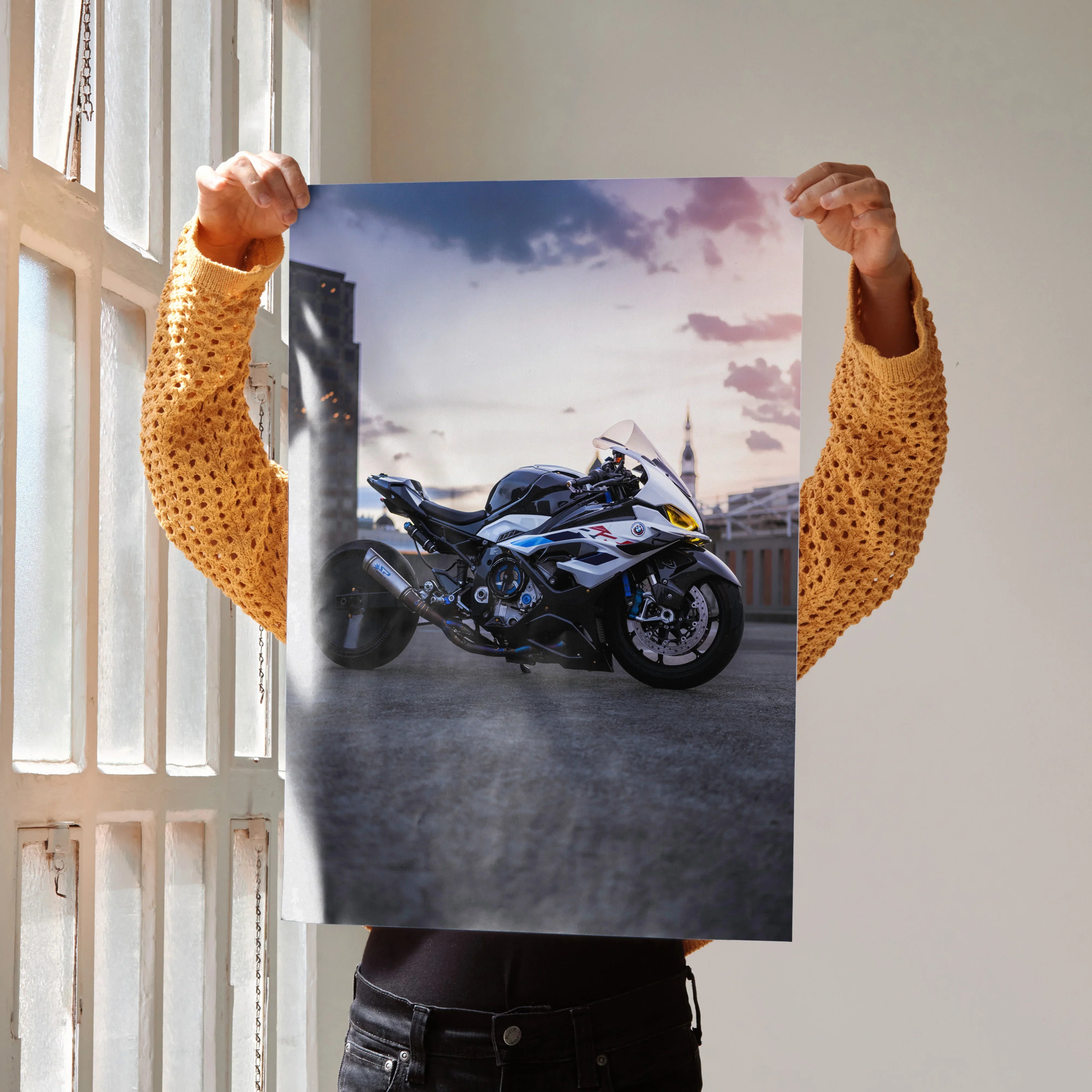 Poster of BMW S1000RR Drag Spec motorcycle at sunset as striking wall art.