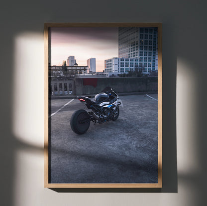 S1000RR Drag Spec motorcycle poster with urban rooftop backdrop, modern wall art in wooden frame.