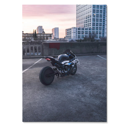 BMW S1000RR Drag Spec motorcycle parked in urban rooftop at sunset poster wall art.
