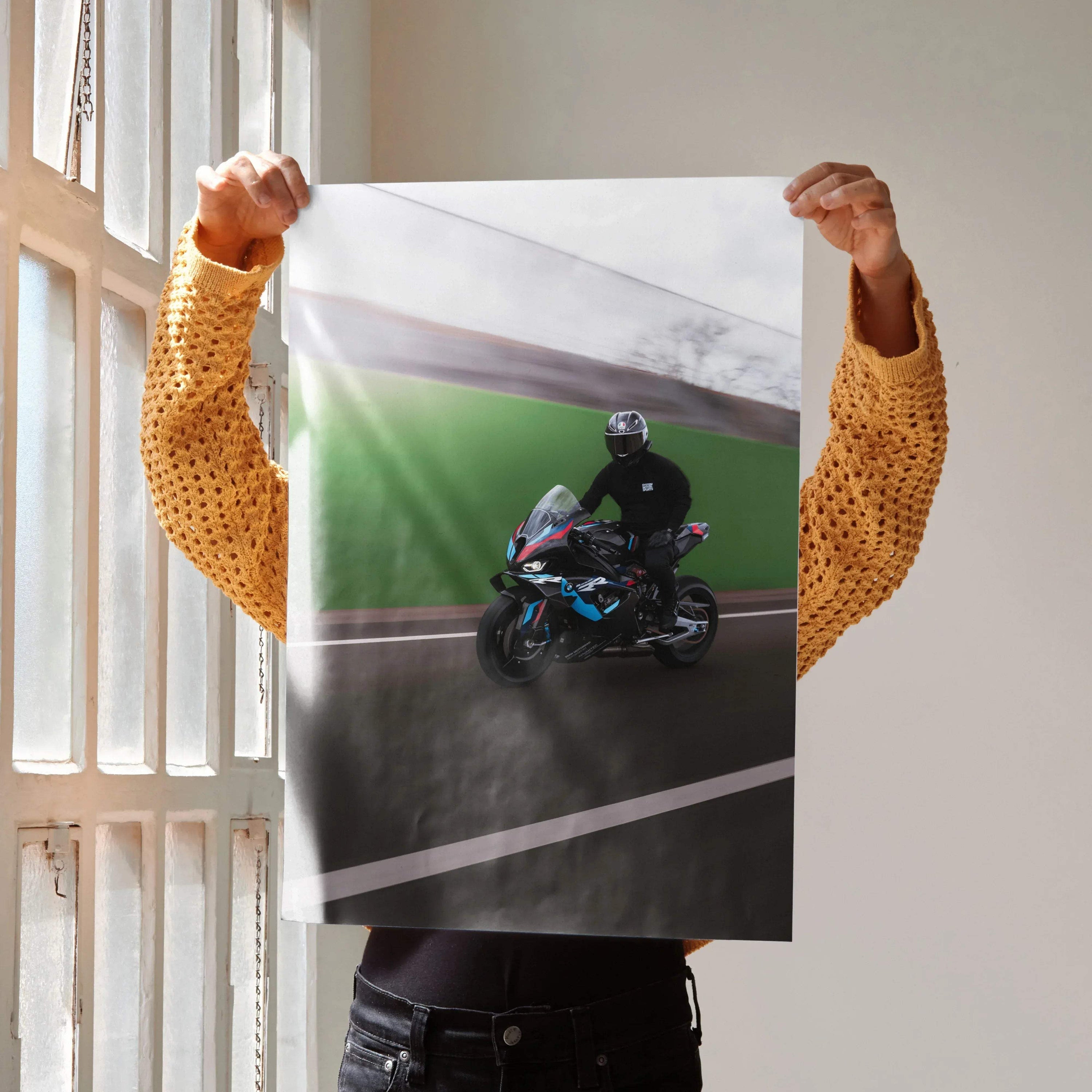 Biker Poster #033 - Male | AGV Pista Helmet | BMW M1000RR Motorcycle | Rolling Shot - Throttle Designs