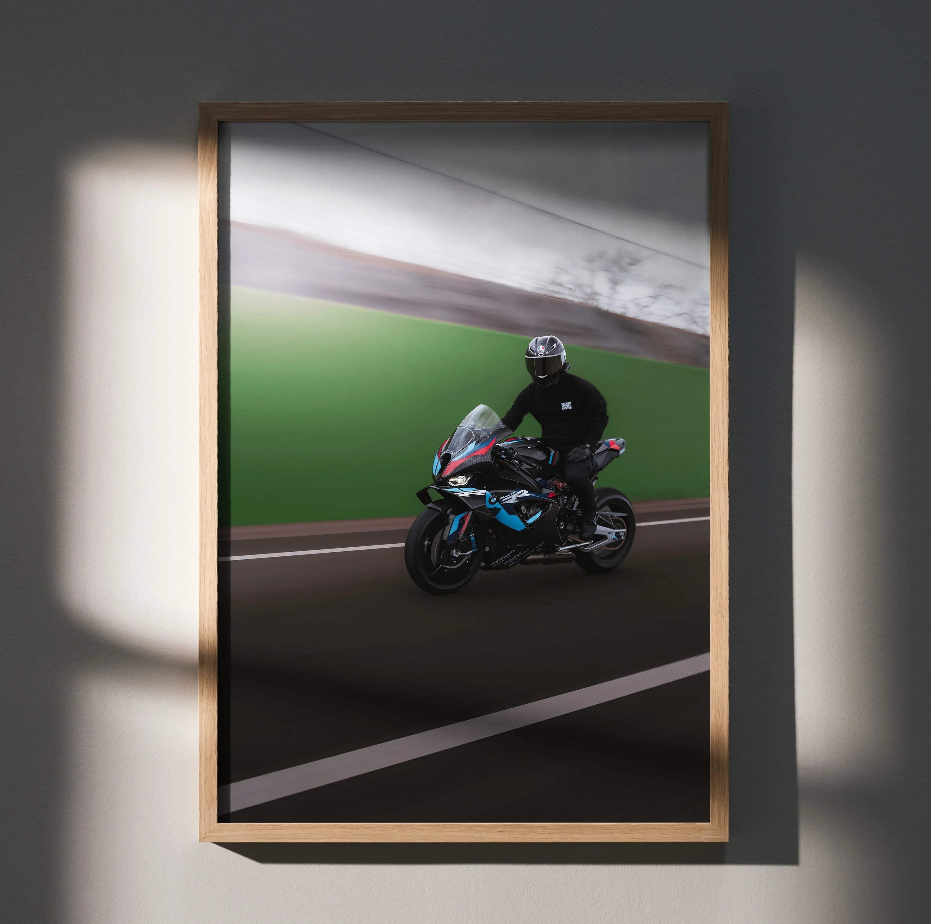 Biker Poster #033 - Male | AGV Pista Helmet | BMW M1000RR Motorcycle | Rolling Shot - Throttle Designs