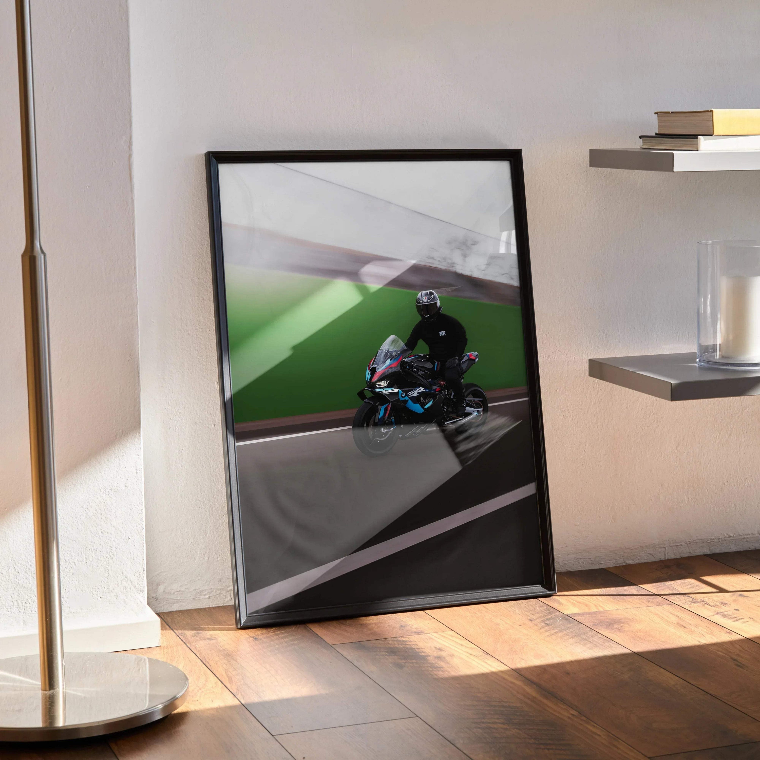 Biker Poster #033 - Male | AGV Pista Helmet | BMW M1000RR Motorcycle | Rolling Shot - Throttle Designs