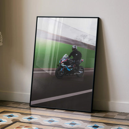 Biker Poster #033 - Male | AGV Pista Helmet | BMW M1000RR Motorcycle | Rolling Shot - Throttle Designs