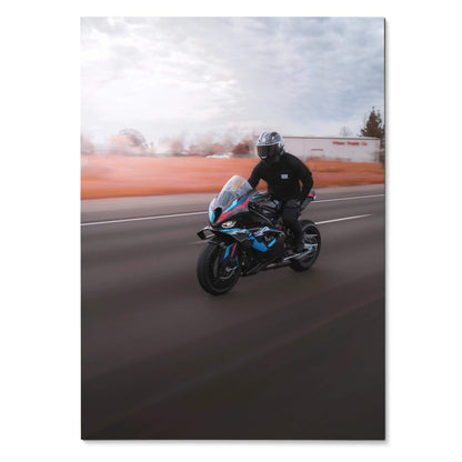 Biker Poster #034 - Male | AGV Pista Helmet | BMW M1000RR Motorcycle | Rolling Shot - Throttle Designs