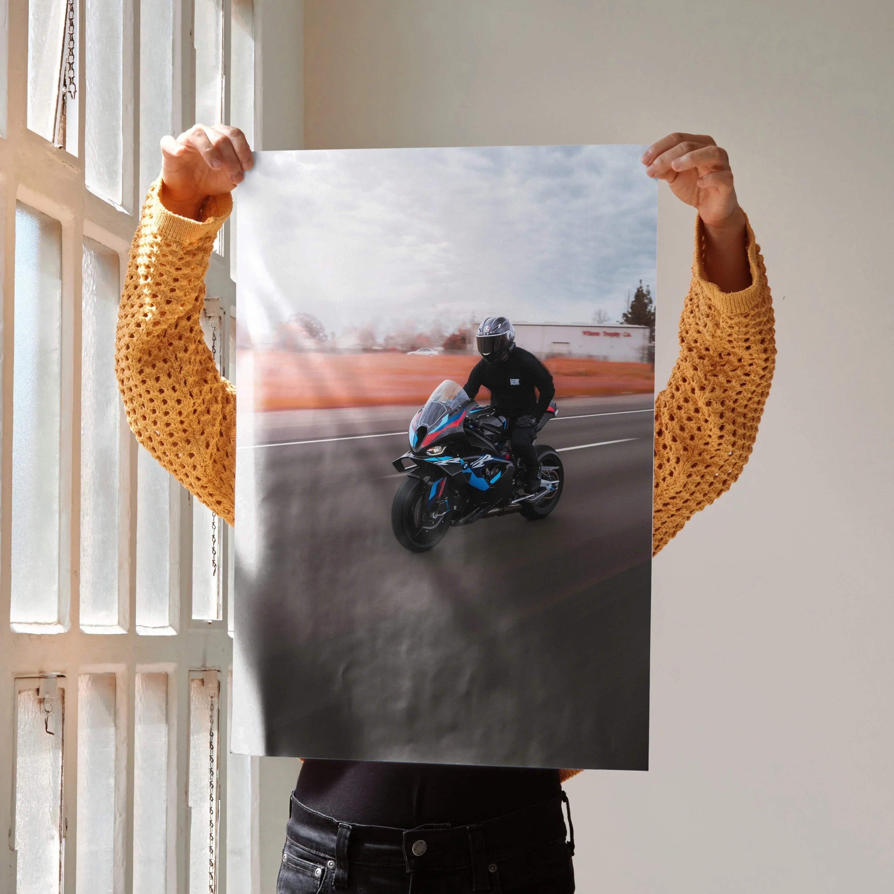 Biker Poster #034 - Male | AGV Pista Helmet | BMW M1000RR Motorcycle | Rolling Shot - Throttle Designs