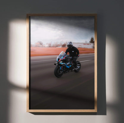 Biker Poster #034 - Male | AGV Pista Helmet | BMW M1000RR Motorcycle | Rolling Shot - Throttle Designs